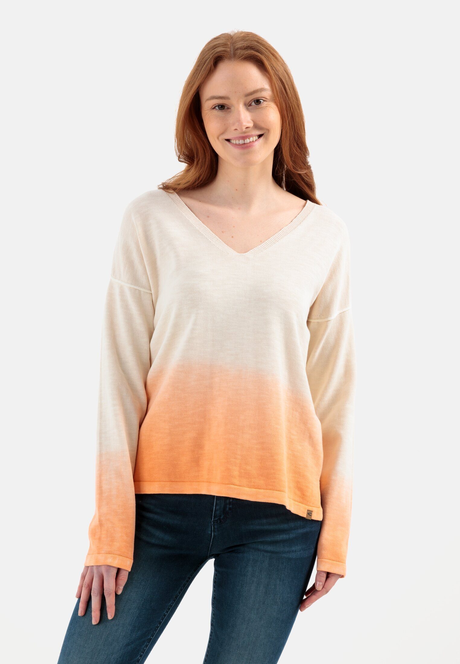 camel active Strickpullover Strickpullover im Dip-Dye-Effekt Langarm Markenlabel