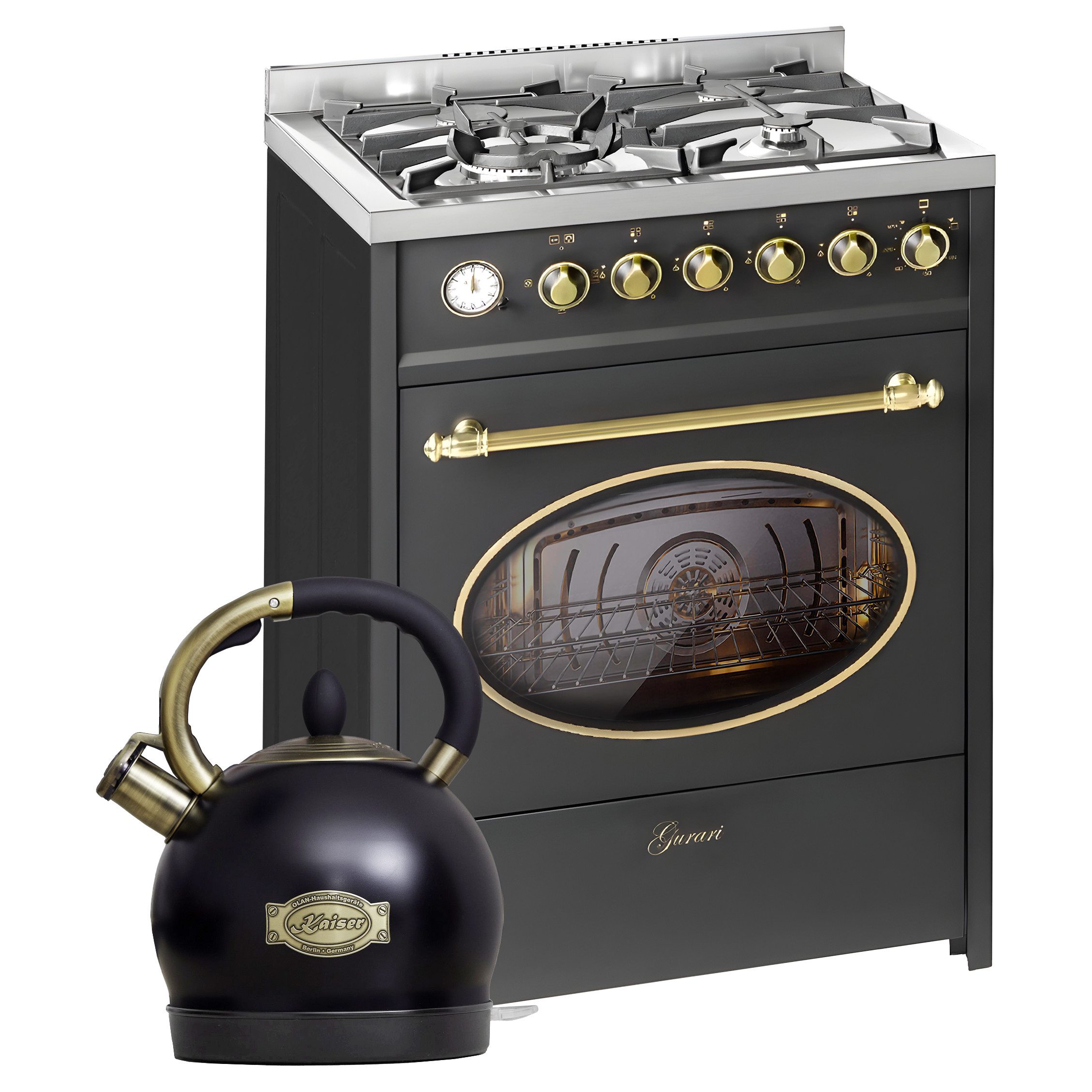GURARI Gas-Standherd GCH G 614 BL+WK 2000 Em, mit 1-fach-Teleskopauszug, Gas Standherd 60 cm 55 L+Kaiser Retro Wasserkocher