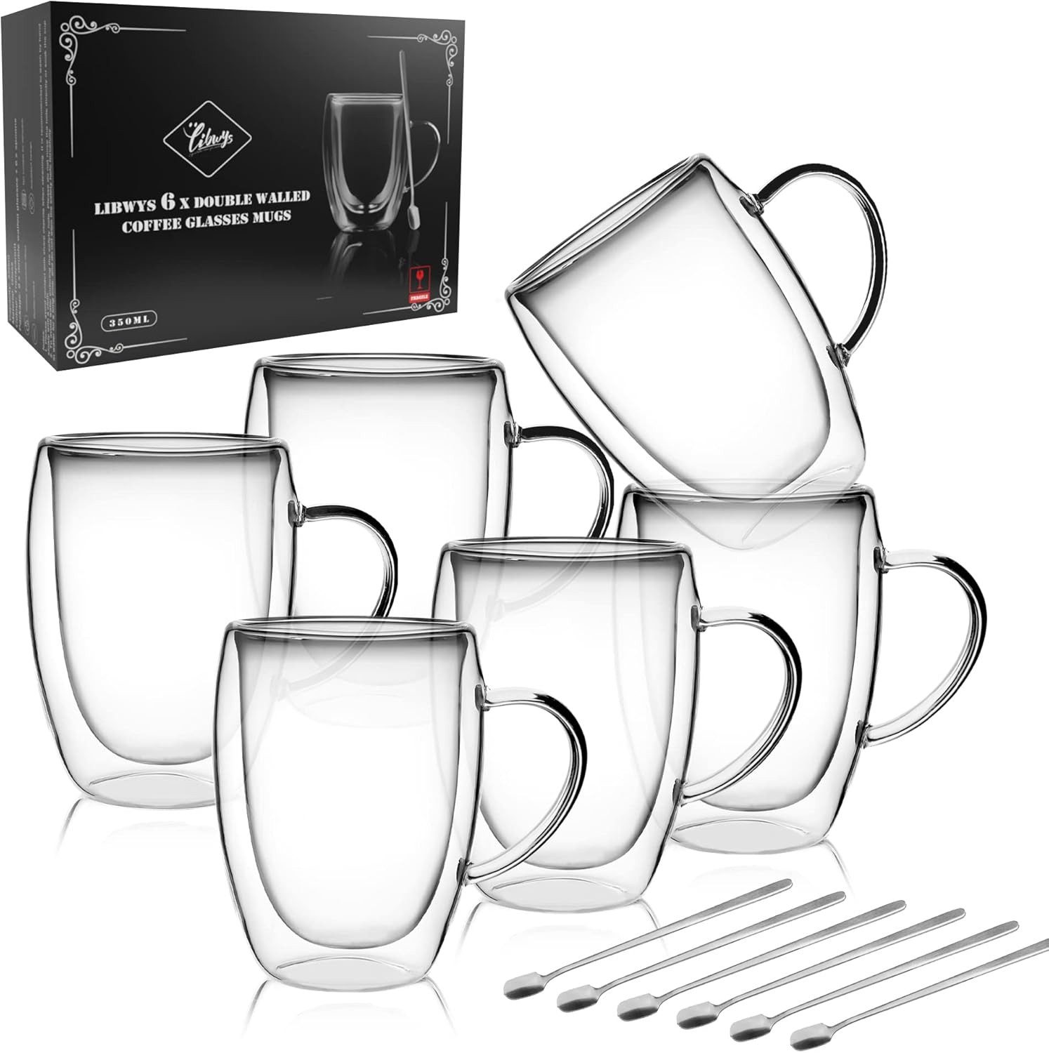 LIBWYS Thermotasse Doppelwandige Kaffeetassen aus Glas 6x350 ml mit Griff und Löffel, Glas, Doppelwandige Kaffeetassen aus Glas mit Griff und Löffeln im Set