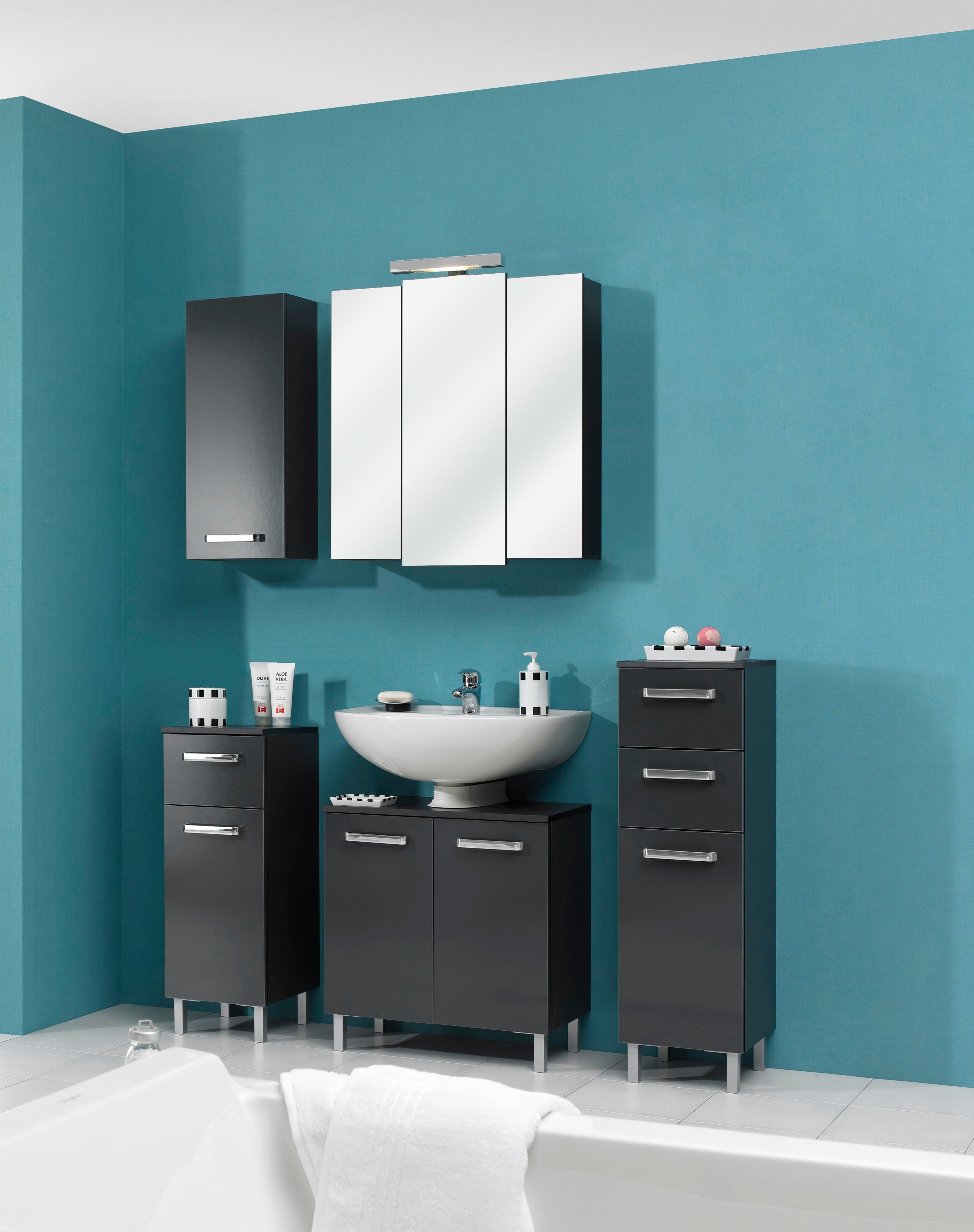 Saphir Unterschrank Quickset Badschrank mit 1 Tür, 2 Schubladen, 30 cm breit Badezimmer-Unterschrank inkl. Türdämpfer, Griffe in Chrom Glanz