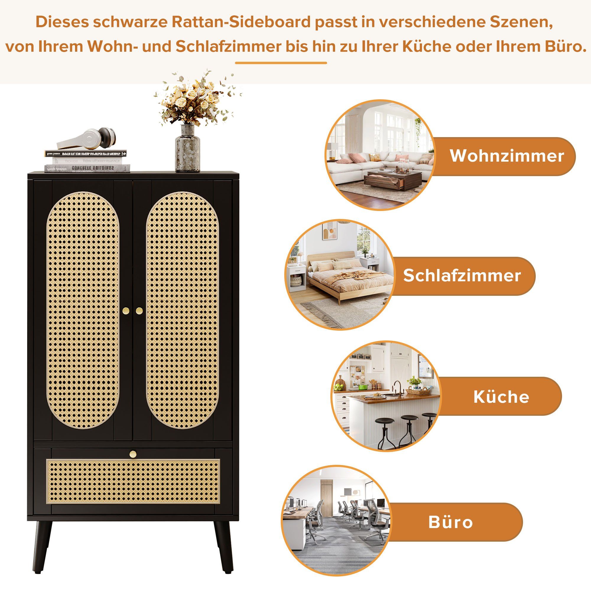 Merax Highboard mit Rattantüren und einer Schublade, Sideboard Landhausstil mit Metallgriffe,Kommode,B/H/T:60/110,5/40cm