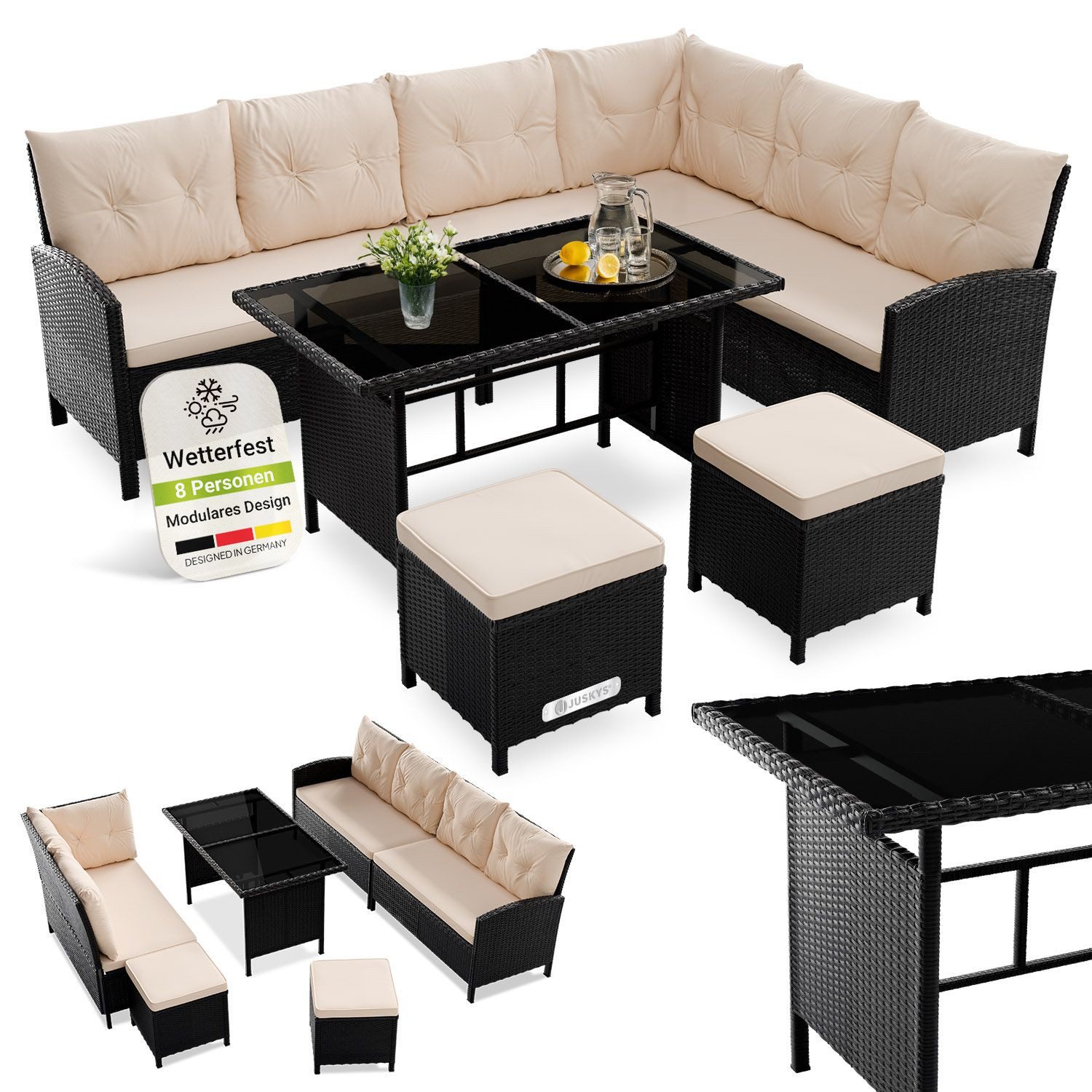 Juskys Gartenlounge-Set Manacor, (Gartenlounge), Polyrattan Gartenmöbel-Set mit Garten-Sofa, Garten-Tisch und 2 Hocker