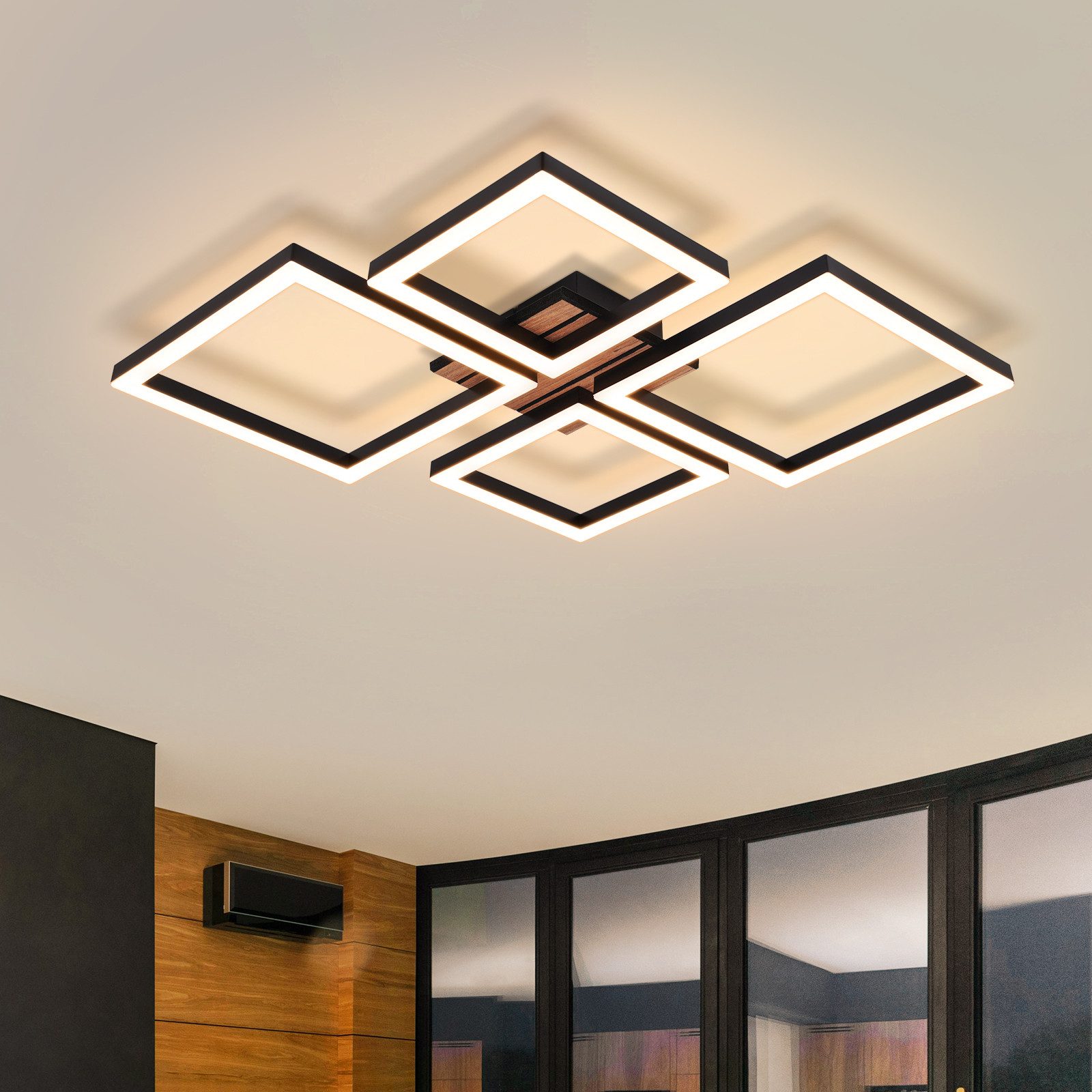 Nettlife LED Deckenleuchte Retro schwarz 14/21W eckig 3000K Warmweiß Design lampe Holz, LED fest integriert, für Küche Schlafzimmer Flur Wohnzimmer Bürolampe Zuhause