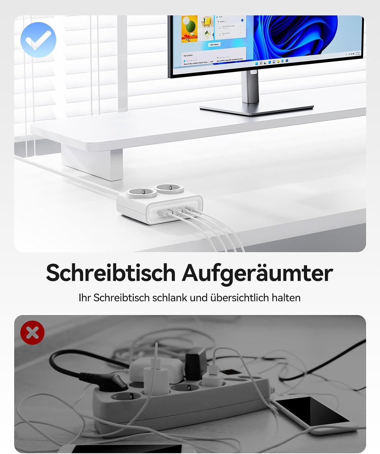 ORICO Steckdose USB 25W GaN Mehrfachsteckdose 6-in-1 Steckdosenleiste,2AC+2USB +2CPD, flacher 1,3 cm Stecke, 1-St., 1,6 m Kabel, 2500 W., für Haushalt & Büro – Bild 4 von 5