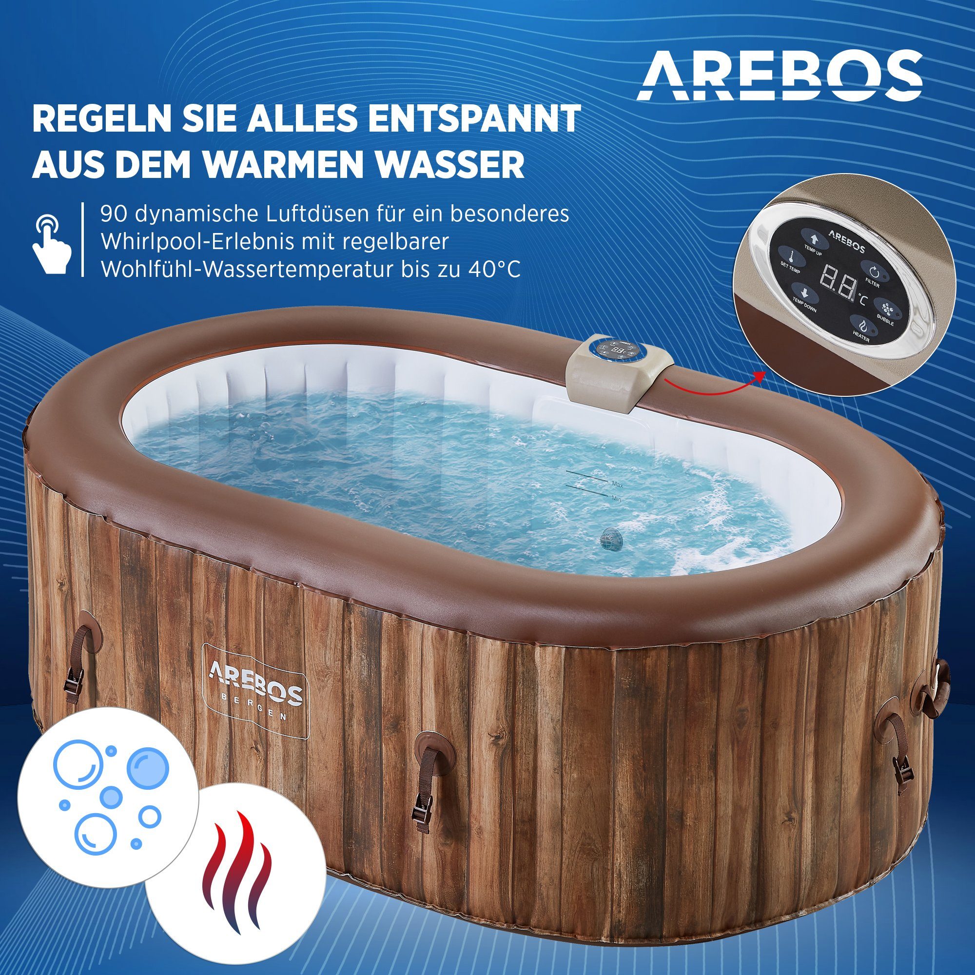 Arebos Whirlpool BERGEN aufblasbar für 2 Personen mit 90 Massagedüsen, (Komplett-Set, 190 x 120 cm), für Outdoor & Indoor