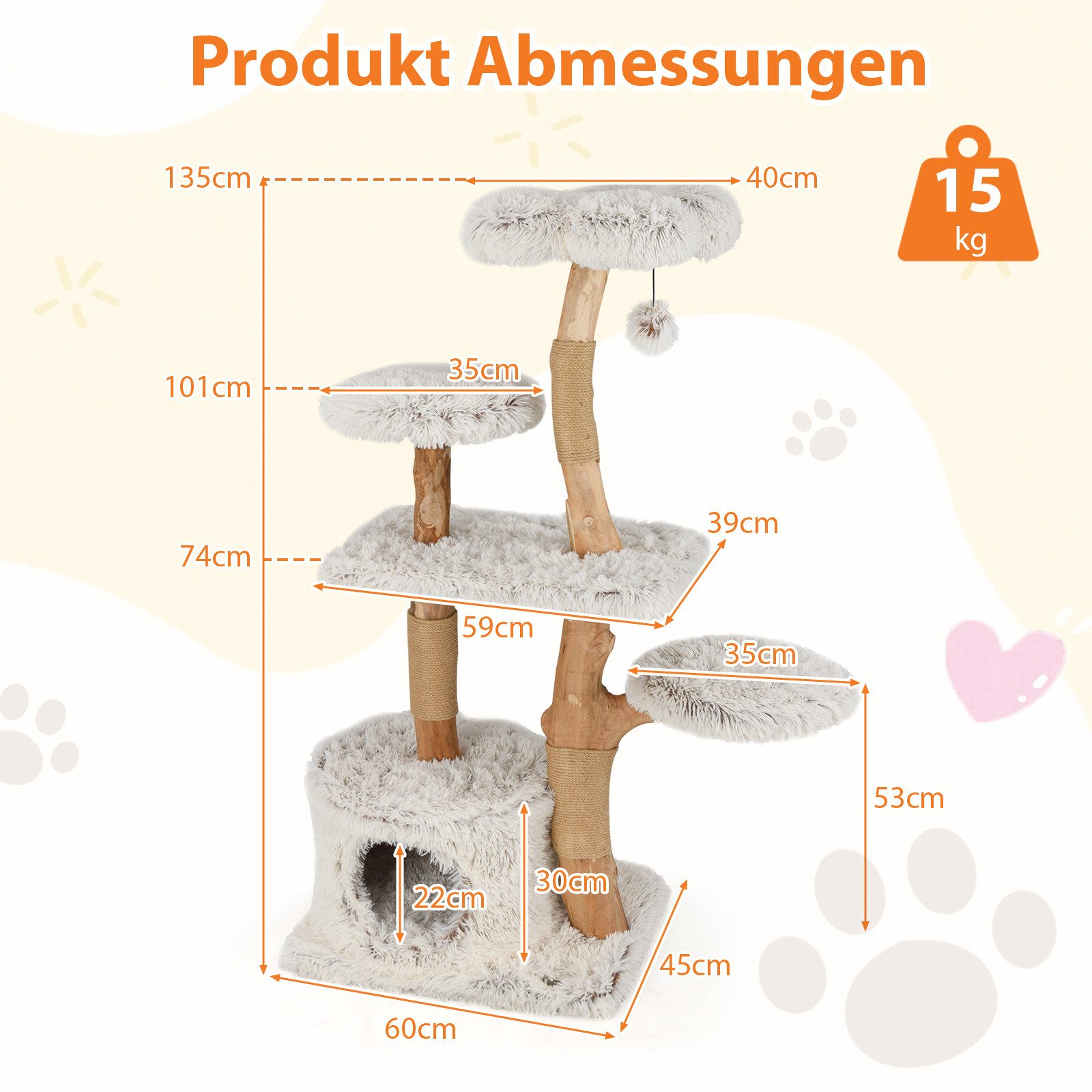 COSTWAY Kratzbaum, mit Katzenhöhle, Sitzplattform, Massivholz, 135cm
