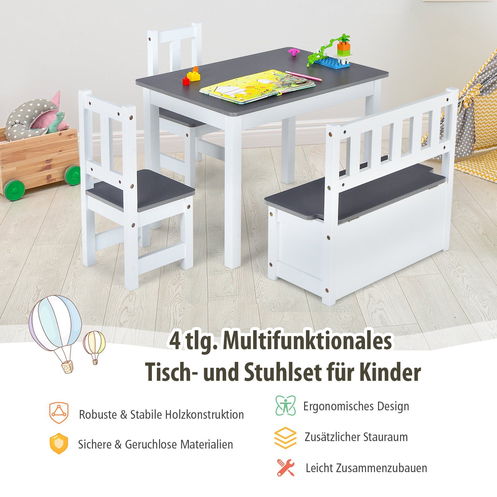 COSTWAY Kindersitzgruppe, Kindertisch mit 2 Stühlen, Sitzbank mit Stauraum
