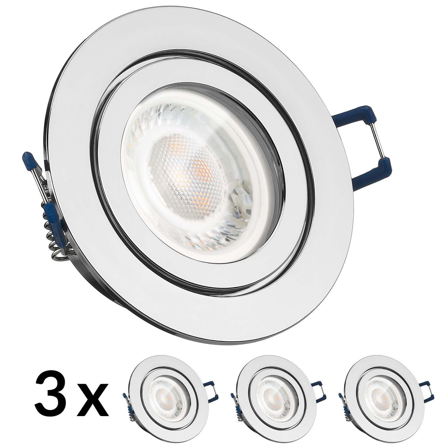 LEDANDO LED Einbaustrahler 3er IP44 LED Einbaustrahler Set extra flach in chrom mit 5W Leuchtmitt | Strahler
