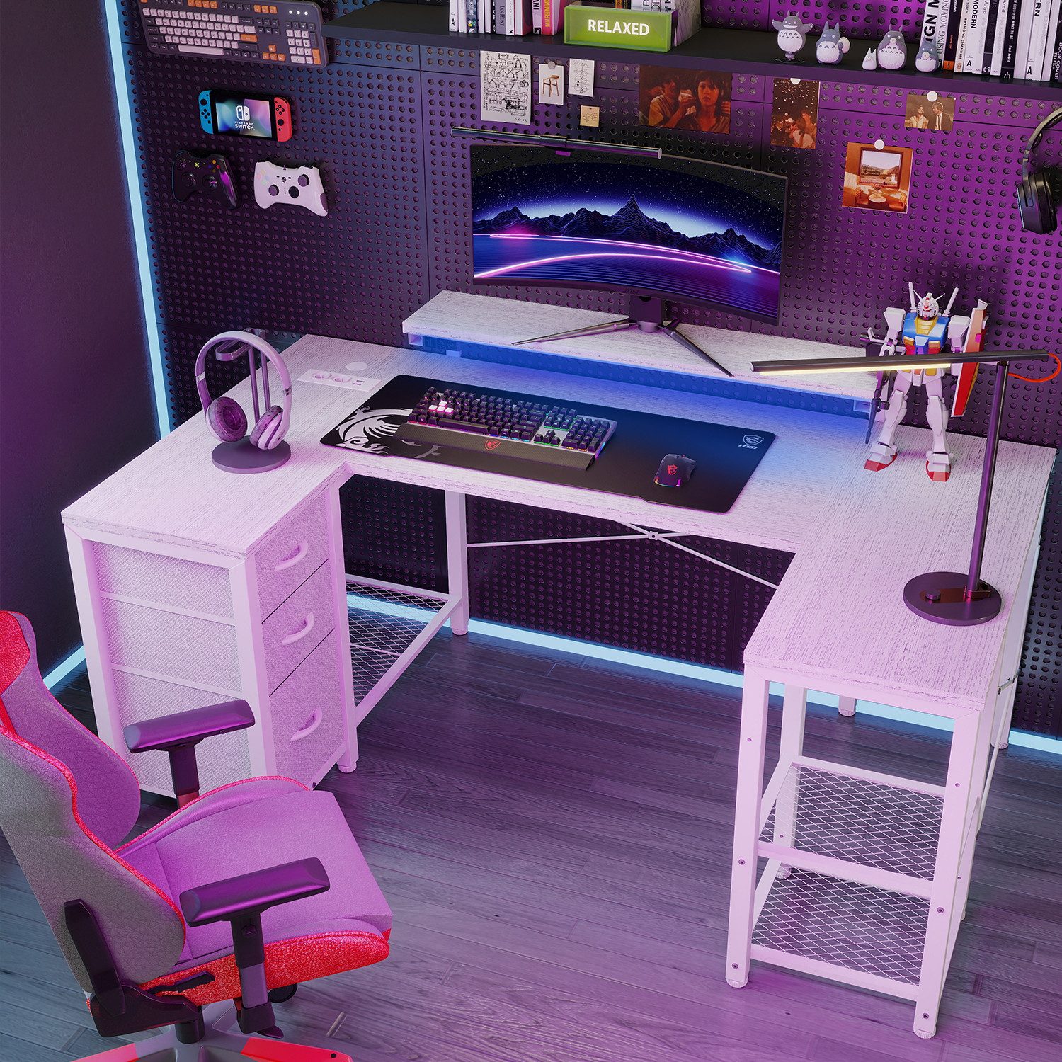 HOMALL Eckschreibtisch 170cm U-förmiger Schreibtisch mit LED-Monitorhalterung Gamingtisch (Die Monitorhalterung ist verstellbar und verfügt über zwei Steckdosen und zwei USB-Anschlüsse, drei Stoffschubladen und drei Gitterablagen. Sie kann links oder rechts angebracht werden)