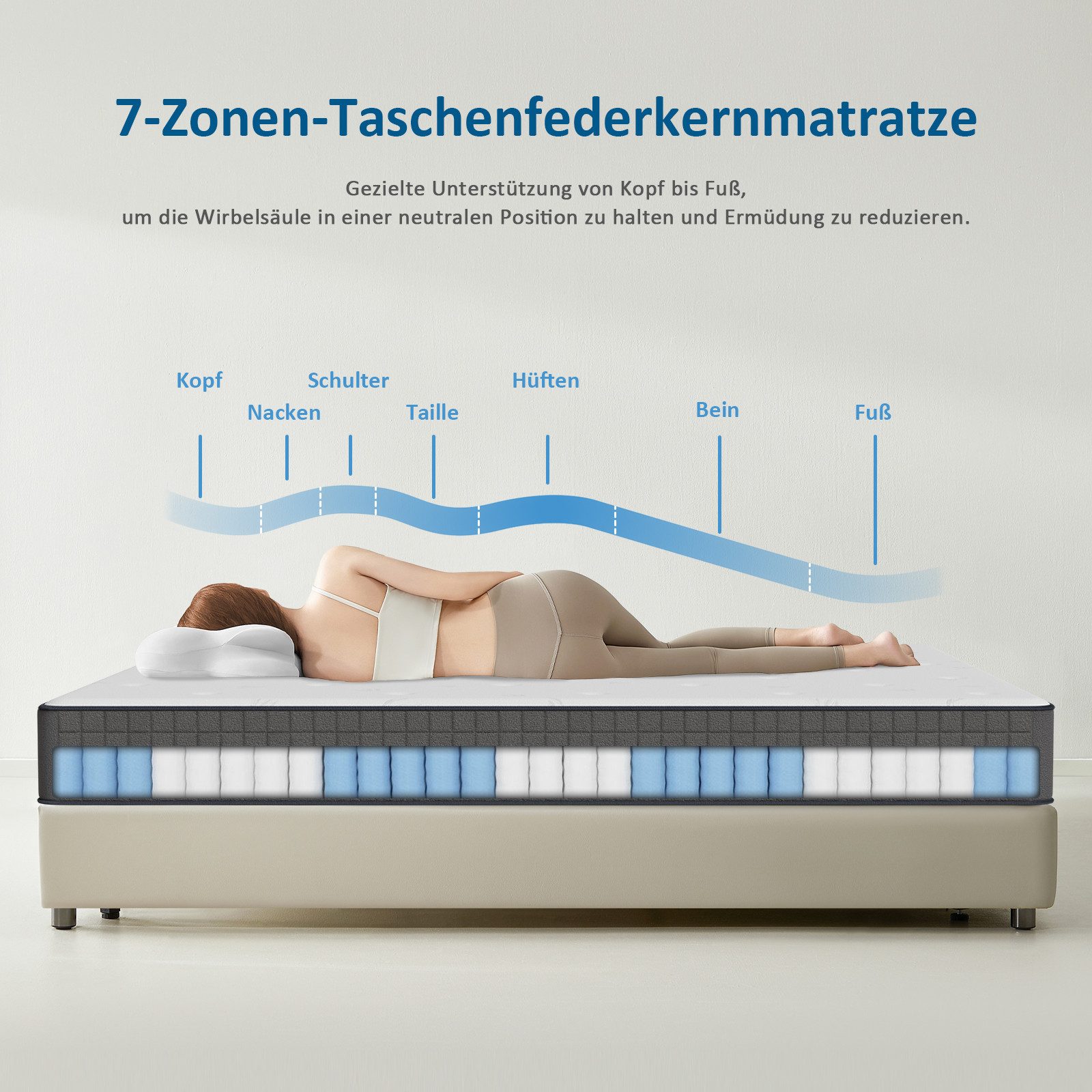 Taschenfederkernmatratze 25cm H3 - 7-Zonen mit Diatomenschaum & orthopädischem Support, ROYGBIV, 25 cm hoch, Atmungsaktive Matratze mit Randverstärkung & schall – Bild 4 von 5