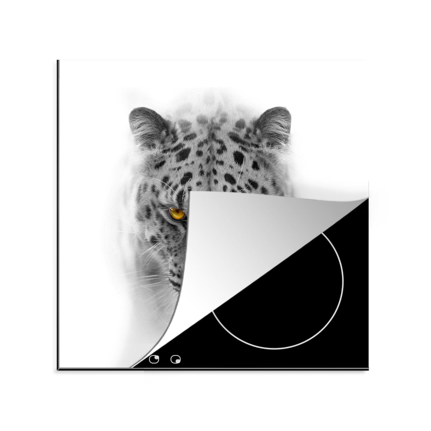 MuchoWow Herdblende-/Abdeckplatte Leopard - Schwarz - Weiß - Tiere, Vinyl, (1 tlg), 78x78 cm, Ceranfeldabdeckung, Arbeitsplatte für küche