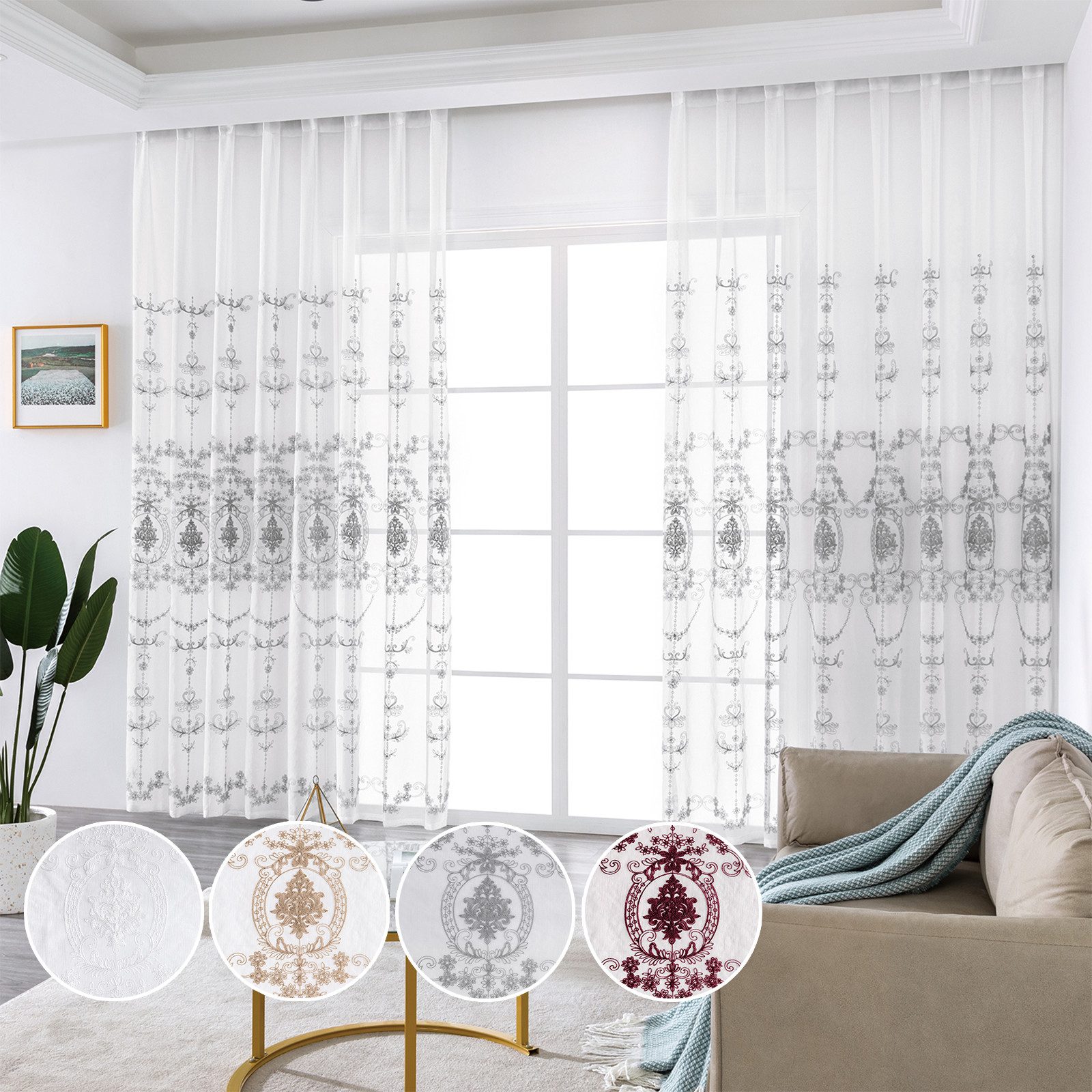 Qelus Gardine 2er Set Bestickt Sheer Voile Vorhänge mit ösen Wohnzimmer Mod günstig online kaufen