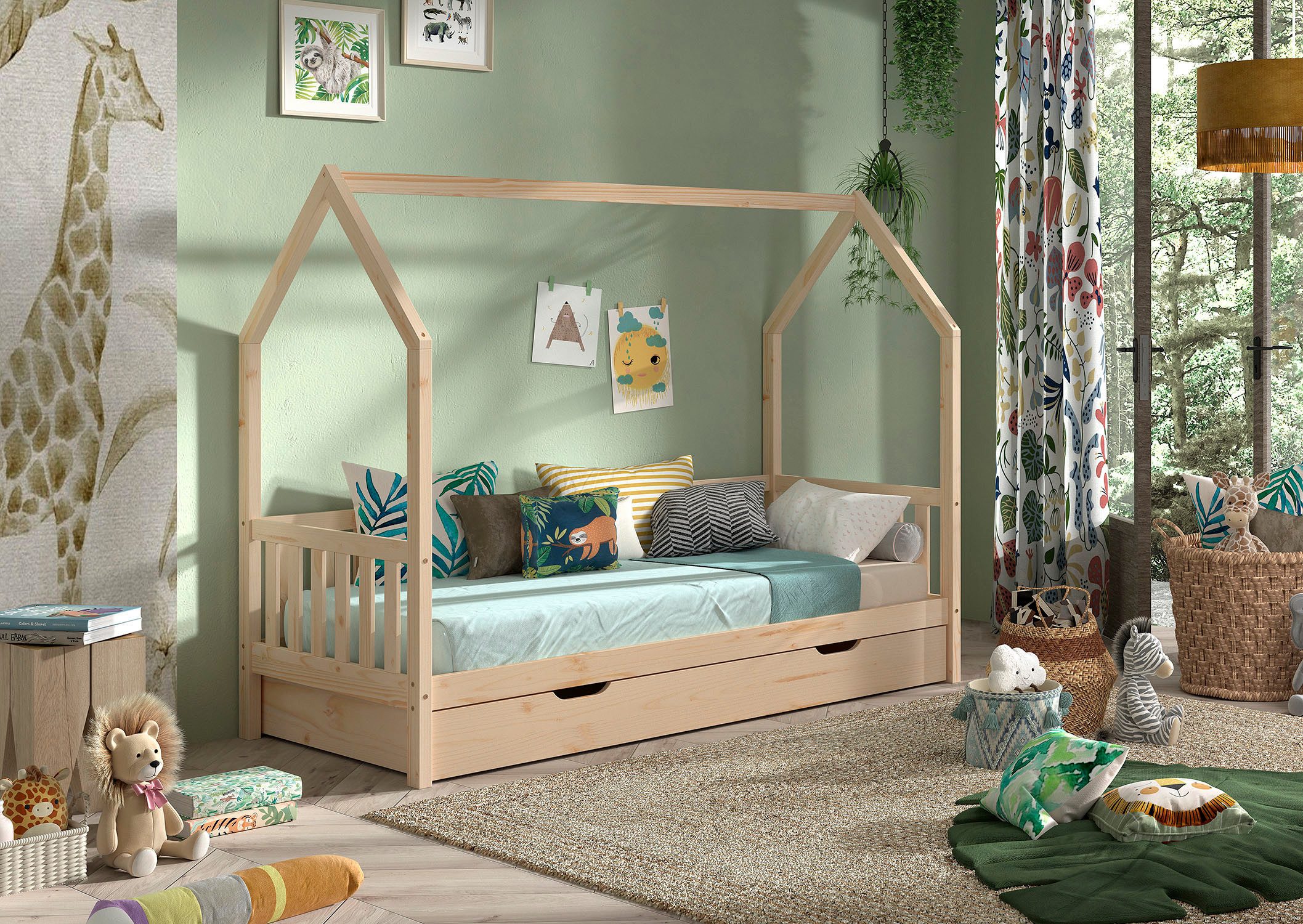 Vipack Hausbett Cabane, mit Dachaufbau, Bettschublade auf Rollen u. Sprossenumrandung (B/H/T ca. 208x169x98 cm) aus massiver Eiche, Oberfläche Natur), sehr stabil und standfest gebaut inkl. Massivholz Rolllattenrost