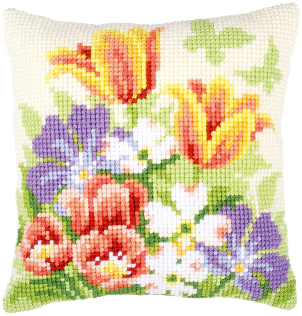 Vervaco Kreativset Kreuzstich-Kissen-Set Frühlingsblüten- Stickbild vorgezeichnet, (Set, Vervaco embroidery Kit), Made in Europe