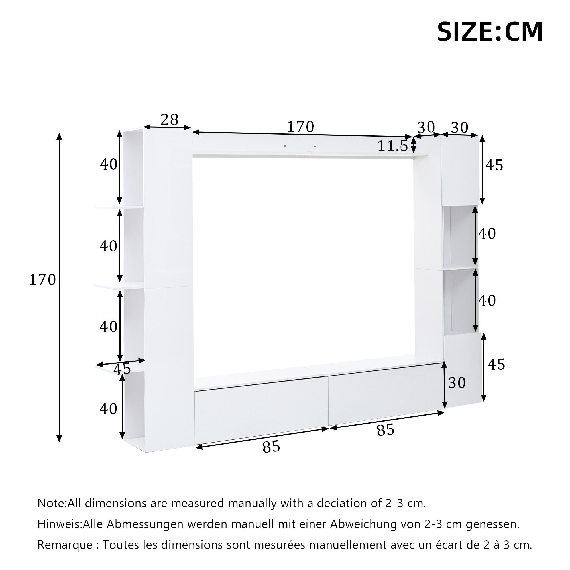 KLAM HOME Wohnwand 4-tlg. Kompaktwohnwand Weiß Hochglanz mit viel Stauraum für Wohnzimmer, (Wohnwand Set mit TV-Schrank, Vitrine & Aufbewahrungsschrank 228x170cm), Flexibles Wandmöbel mit wechselbarem Türanschlag & Acryl-Vitrine