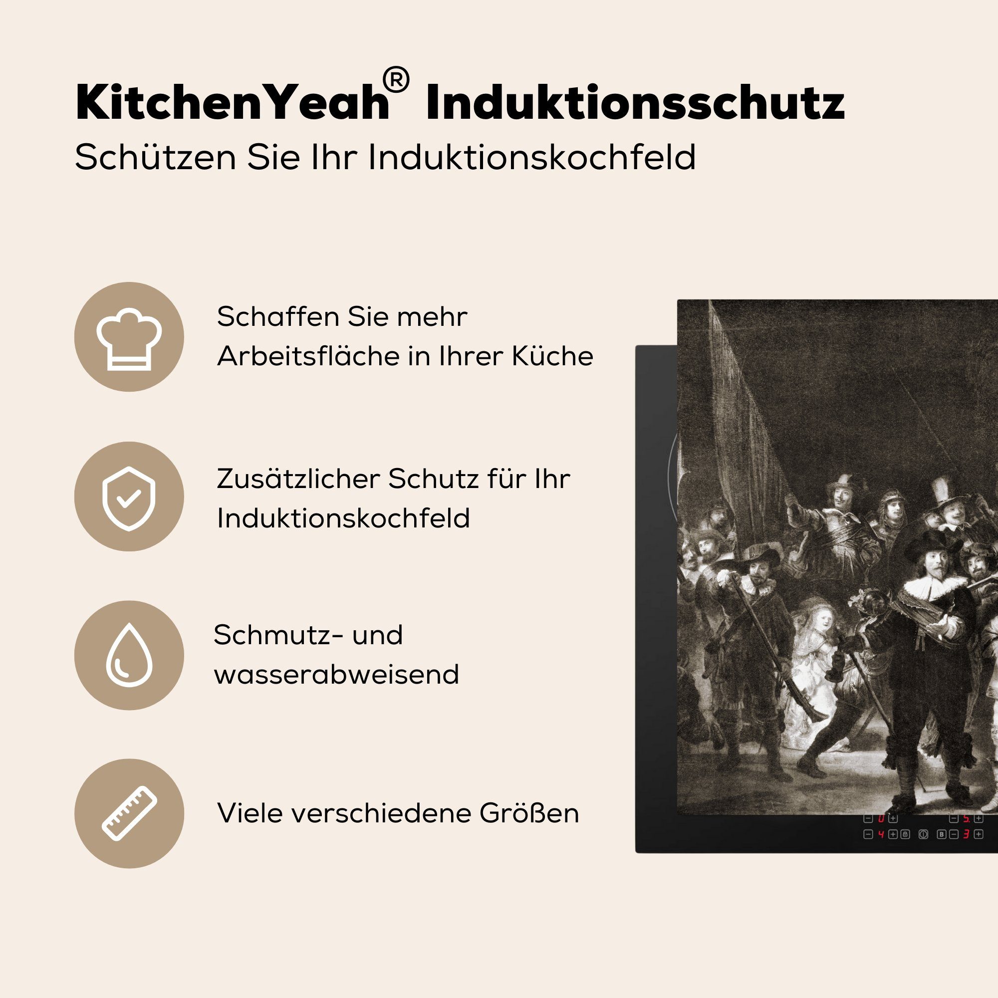 78x78 küche Arbeitsplatte in Vinyl, cm, Herdblende-/Abdeckplatte von und Gemälde Die Weiß Rembrandt Ceranfeldabdeckung, Nachtwache für Rijn, Schwarz (1 van MuchoWow - tlg),