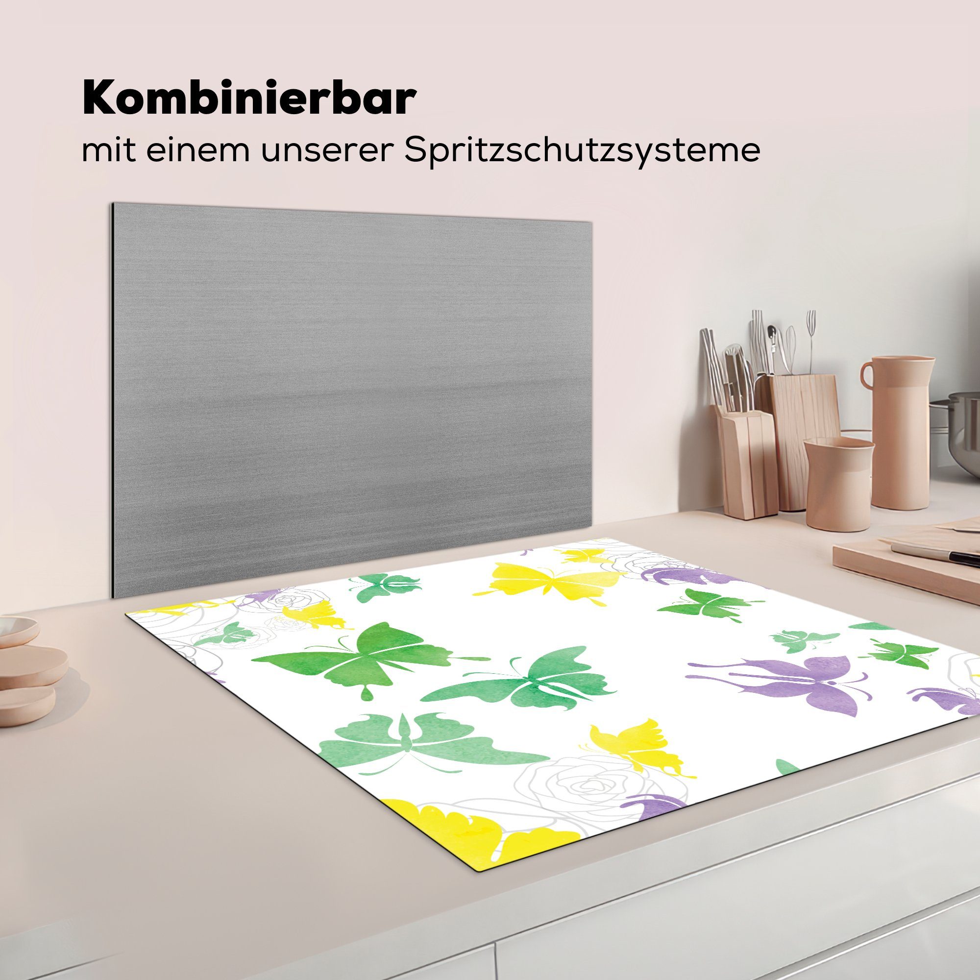 Schmetterling MuchoWow Herdblende-/Abdeckplatte küche - Aquarell, - für Kunst 78x78 Ceranfeldabdeckung, Arbeitsplatte (1 cm, tlg), Vinyl,
