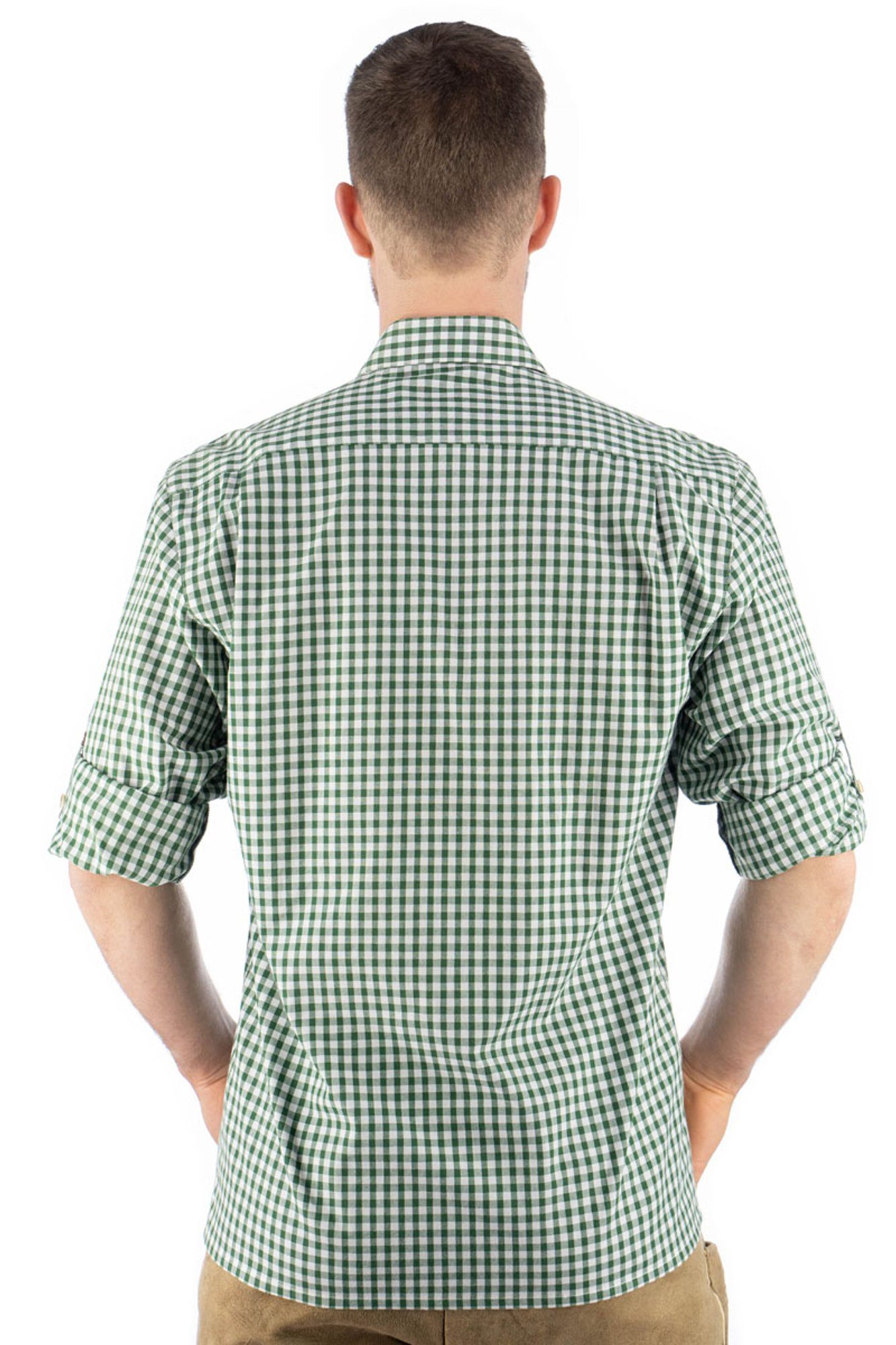 der auf Edelweiß-Stickerei Smoba Trachtenhemd Knopfleiste khaki/schlamm Paspeltasche, Langarmhemd mit OS-Trachten