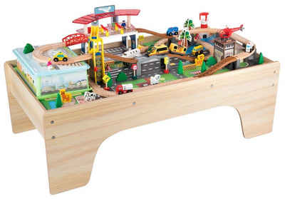 Coemo Schienenerweiterungs-Set, Set: Spieltisch und 100 tlg. Holzeisenbahn