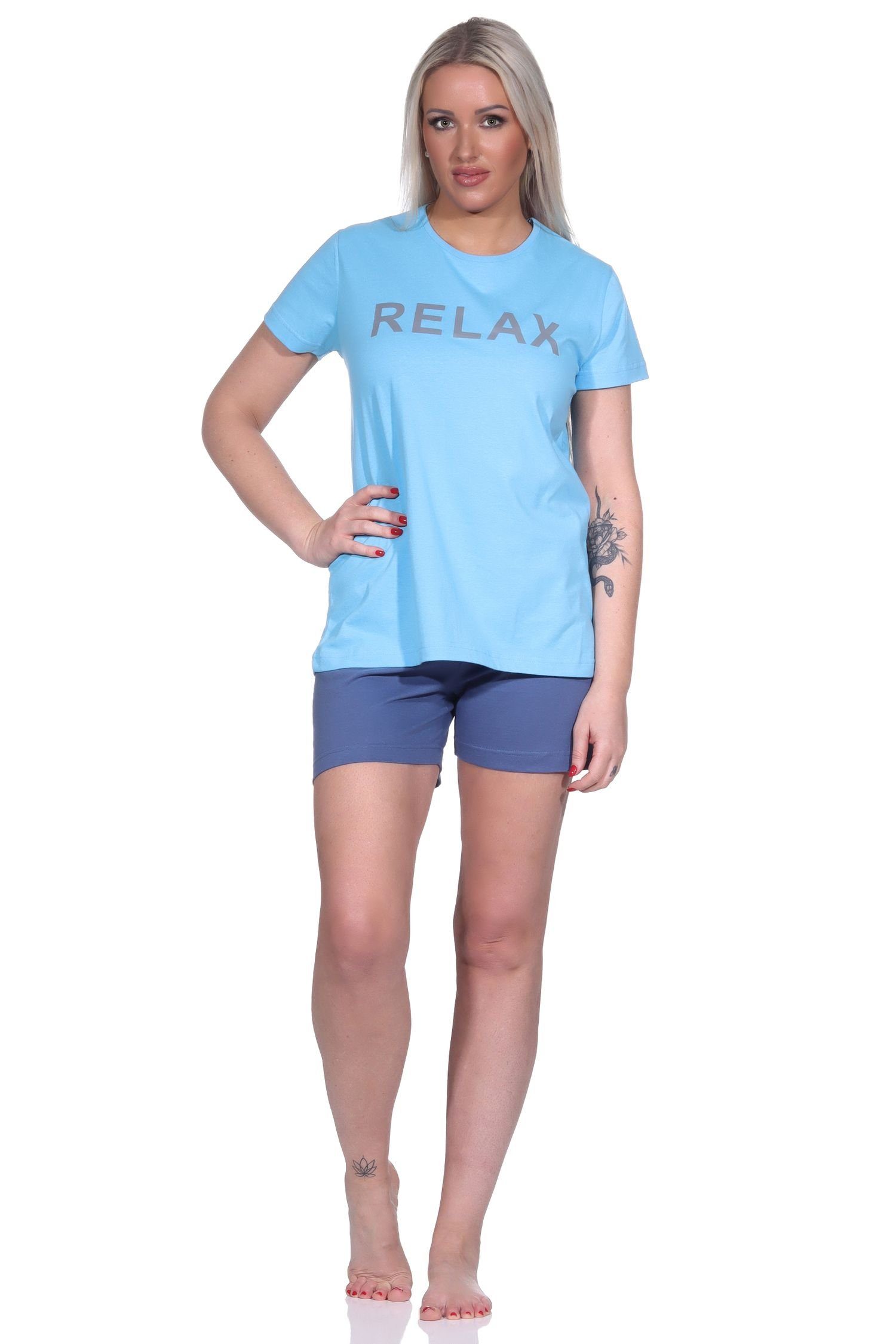 RELAX by Normann Pyjama Damen Shorty Schlafanzug kurzarm mit tollem Front-Print - 122 10 905 hellblau