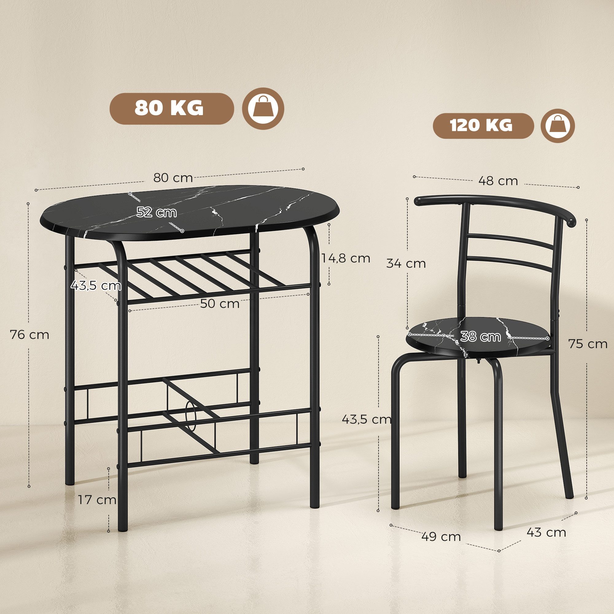 HOMCOM Essgruppe Sitzgruppe Küchentisch mit Metallgestell, Ablageregal, Marmor-Optik, (Set, 3-tlg), Tisch mit Regalablage, platzsparende Stühle – Bild 3 von 5