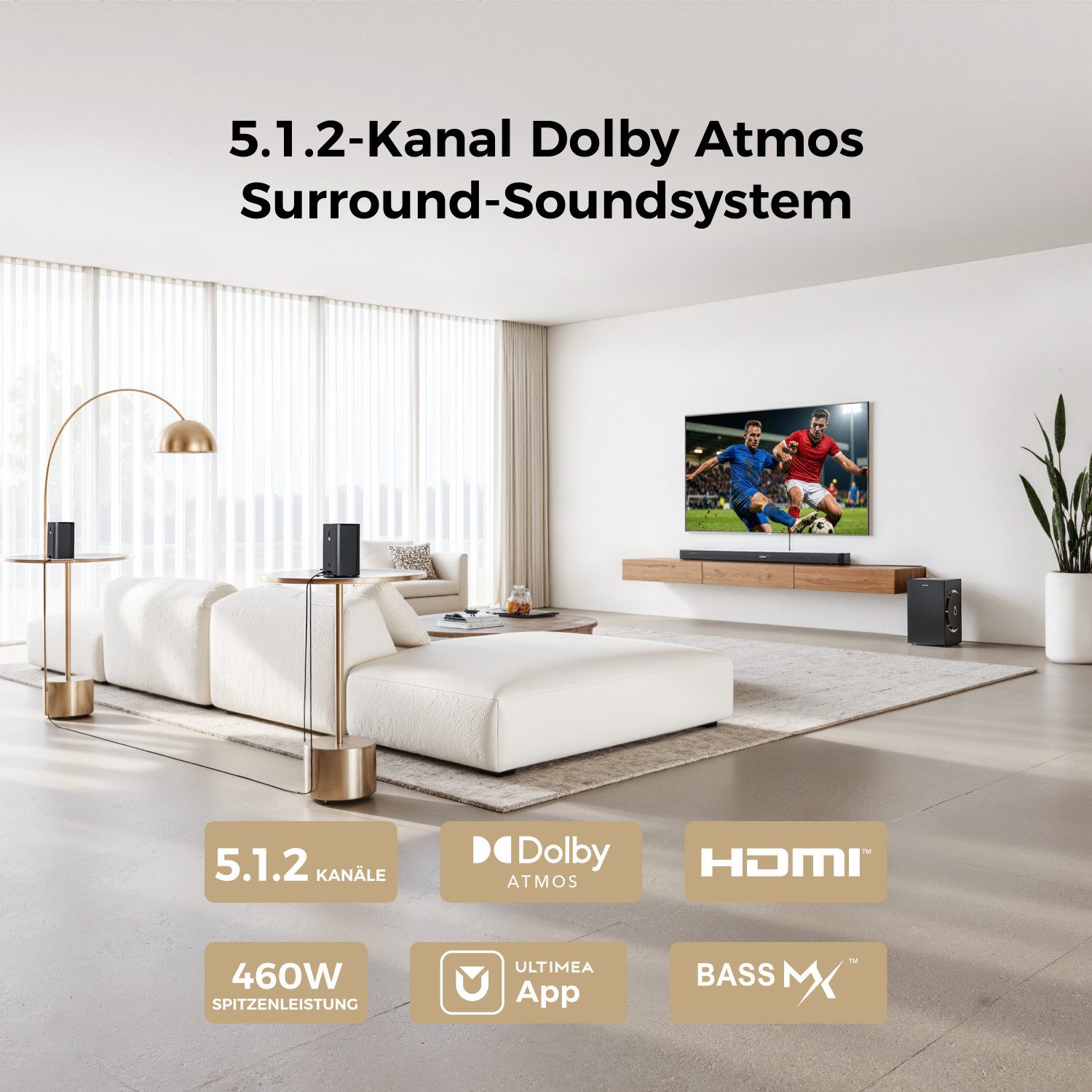 Ultimea Skywave F40 Boom TV Lautsprechersystem 5.1.2-Kanal Dolby Atmos (360° SurroundX Audio, Verlustfreie Audioübertragung, 460 W, Surround Sound System für TV mit 2 Surround-Lautsprechern)