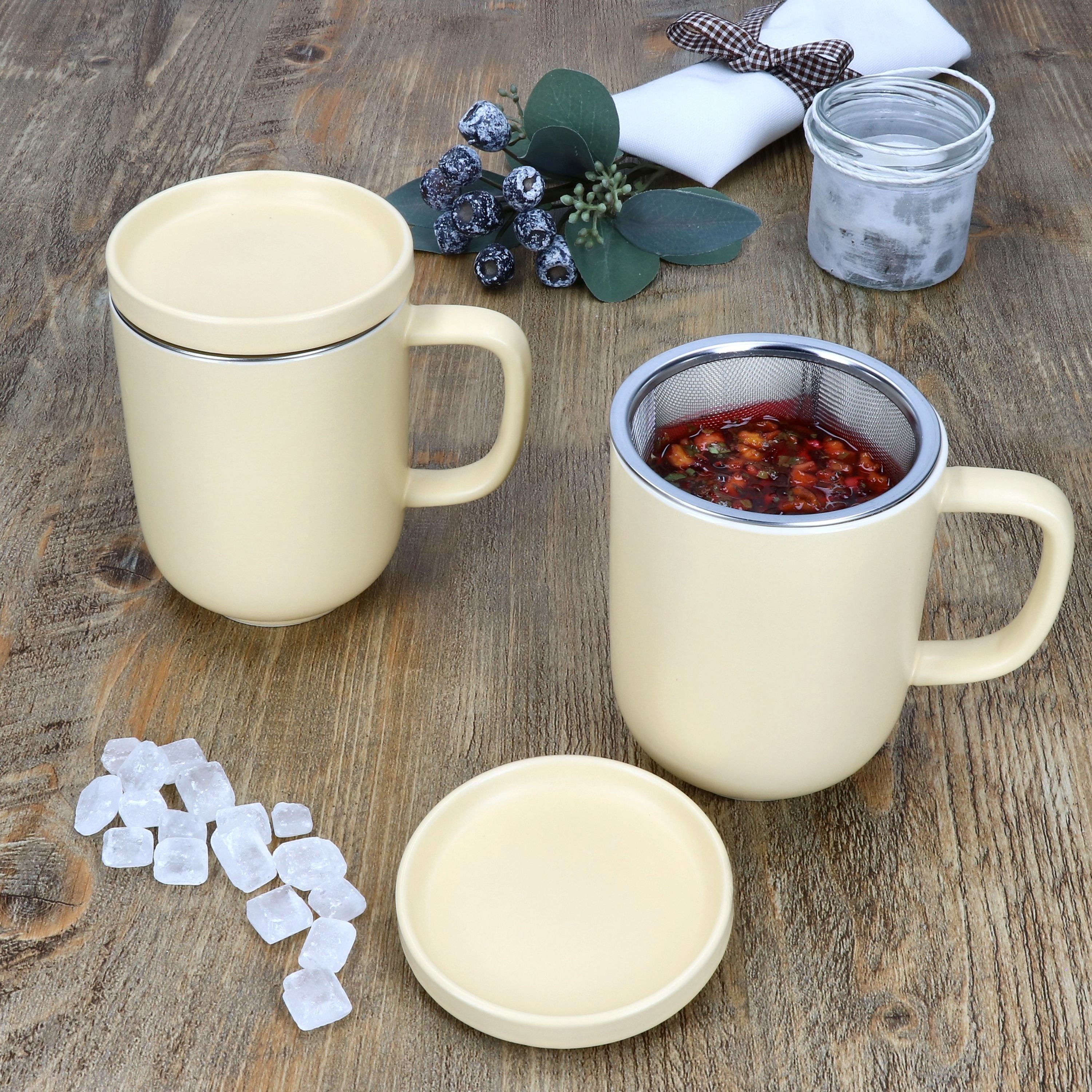 Ritzenhoff & Breker Becher Ritzenhoff 2x Jasper Vanille Teebecher mit Teesieb & Deckel 300ml, Steingut