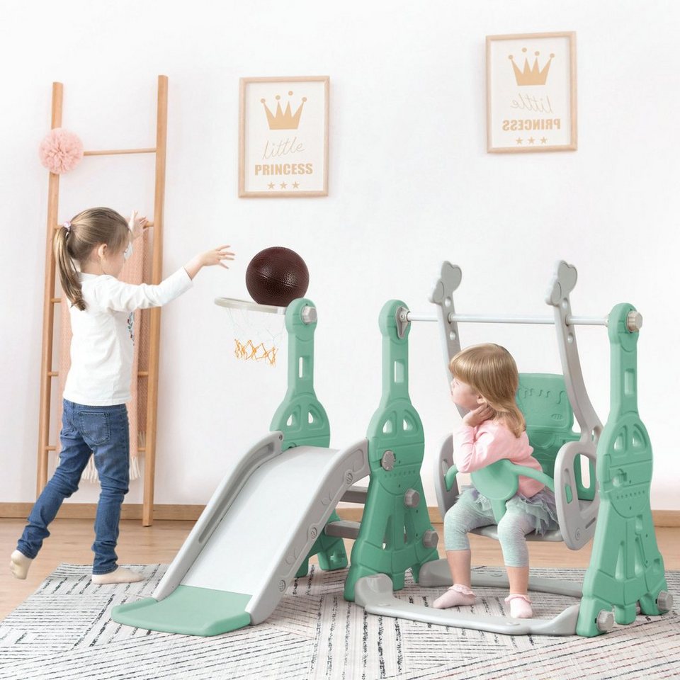 FUROKOY Indoor-Rutsche Kinderrutsche Schaukel 4 In 1, Fun-Slide,  Kleinkinderrutsche, Schaukel, für In- und Outdoor, Basketballständer,  Garten, für 2-8 Jahre Kinder