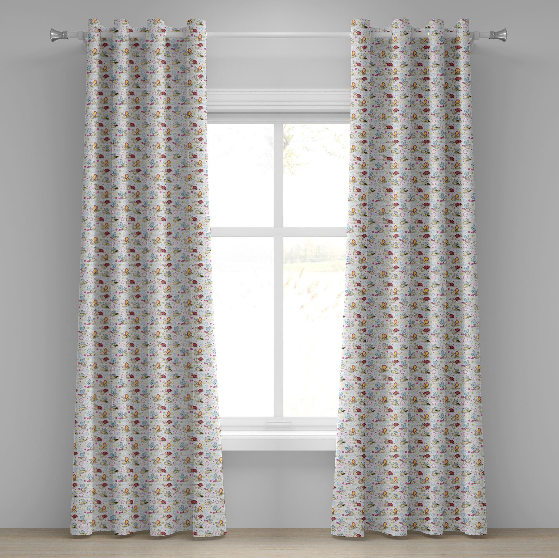 Gardine Dekorative 2-Panel-Fenstervorhänge für Schlafzimmer Wohnzimmer, Abakuhaus, Kindergarten Blumen-Libelle Bugs