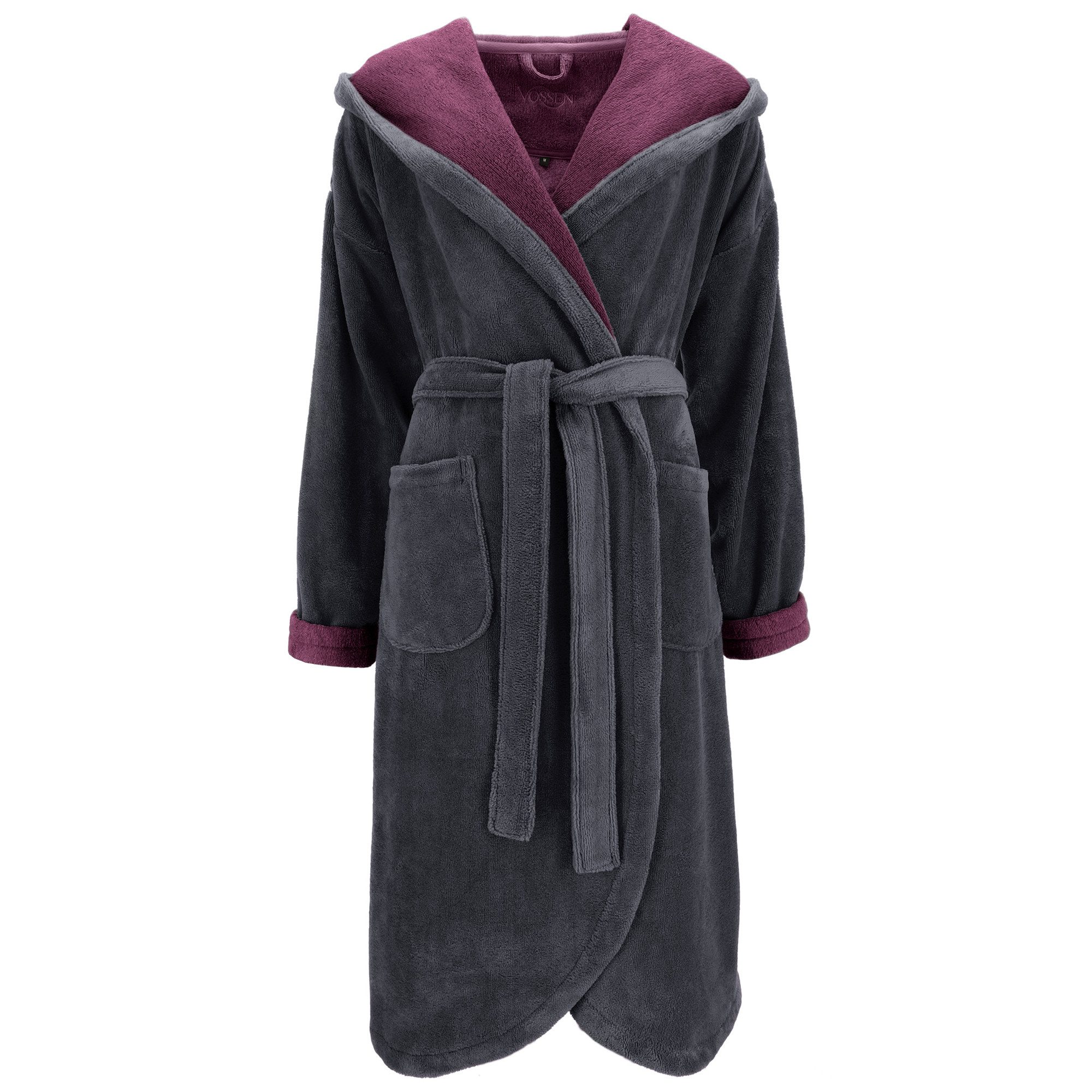 Vossen Damenbademantel Balance Carmen Kapuze Velours, Kapuze, 45% Polyester, 35% Bambus, 20% Baumwolle, modern überschnittene Schulterpartie