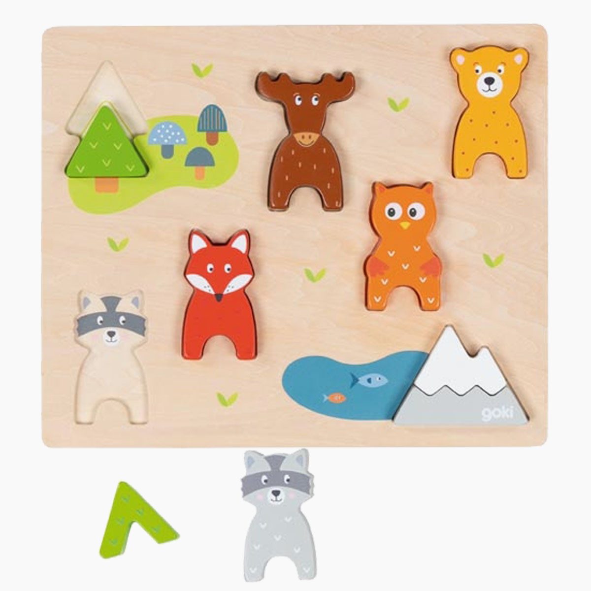 goki Konturenpuzzle Einlegepuzzle Waldtiere, 9 Puzzleteile, extra dicken Teile, Stärke 1,5cm auch zum Spielen geeignet