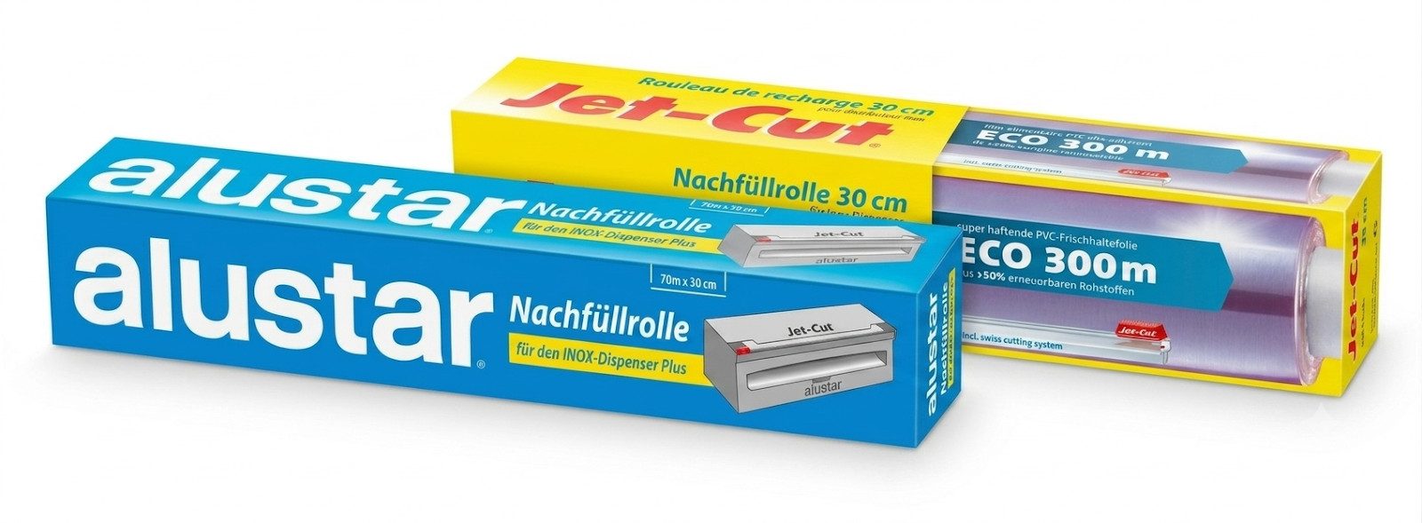 Jet-Cut Frischhaltefolie Kombi-Set Folie und Alufolie, 30 cm x 300 m, (Set, 300 m x 30 cm, + 70 m Alufolie