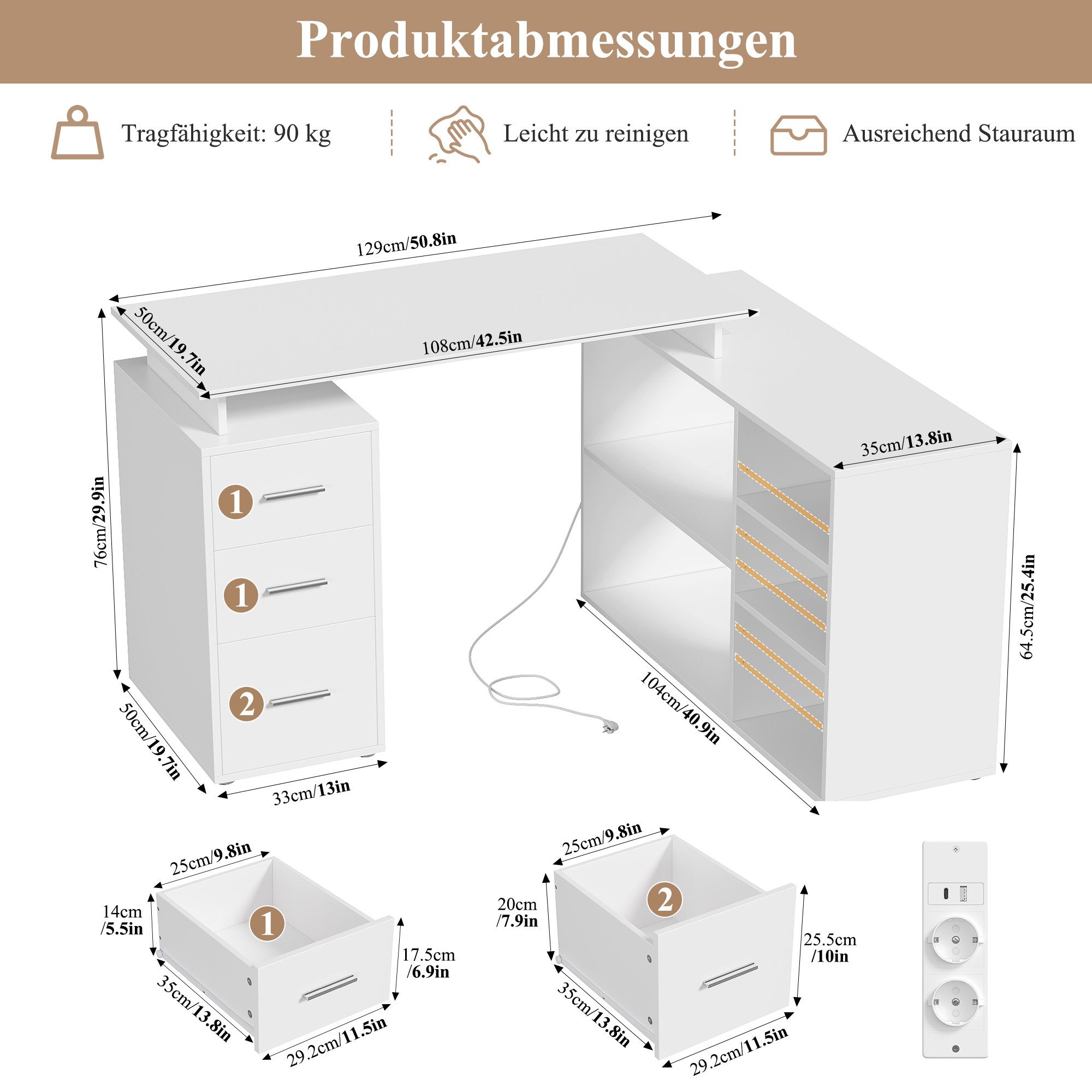 Homfa Schreibtisch mit Steckdose L-förmiger Computertisch, Eckschreibtisch mit Schubladen, mit Stauraum, Verstellbare Regale, 129x104 cm, Weiß