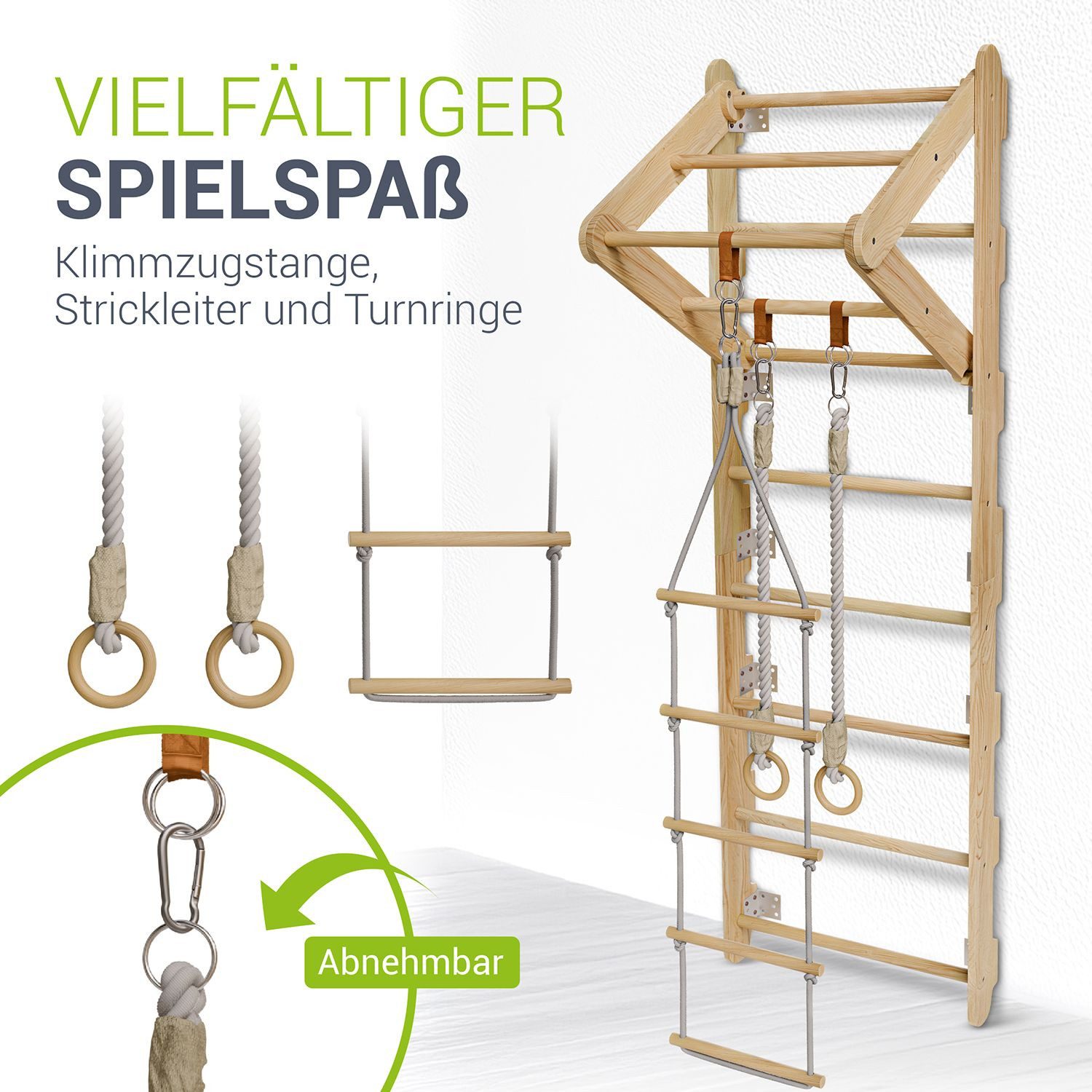 Juskys Sprossenwand, für Kinder, Kletterwand mit Strickseil, Turnringen und Klimmzugstange