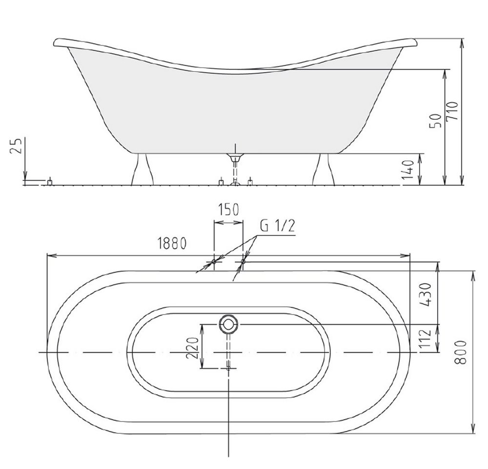 Thumbnail - HAK Badewanne CHARLESTON freistehende Badewanne, 188x80x41 cm