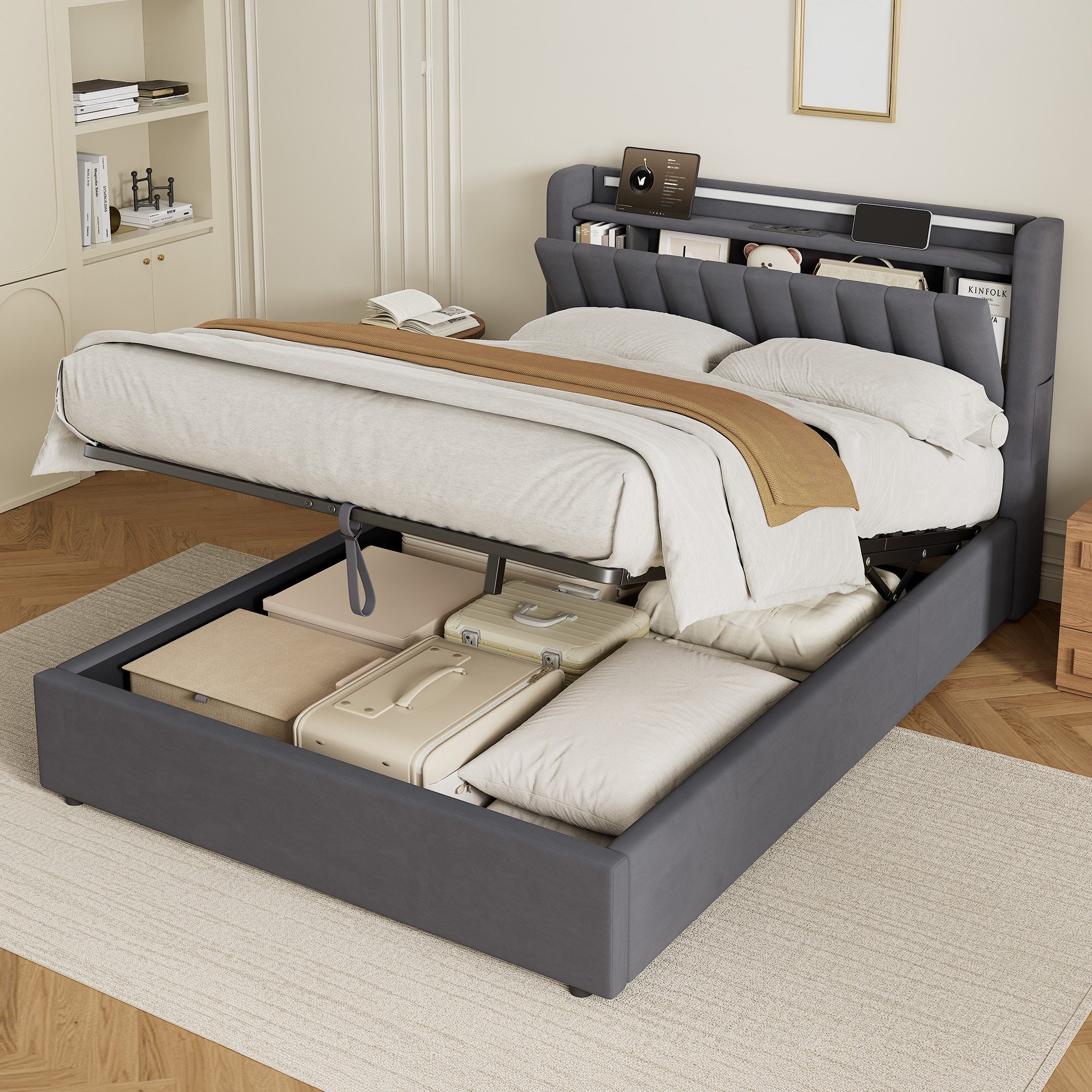 HAUSS SPOLE Polsterbett Stauraumbett mit Bettkasten,Einzelbett- oder Doppelbett erhältlich (140×200 Bettgestell Komfort-Doppelbett Schlafzimmerbett aus Samt), Bettrahmen ohne Matratze