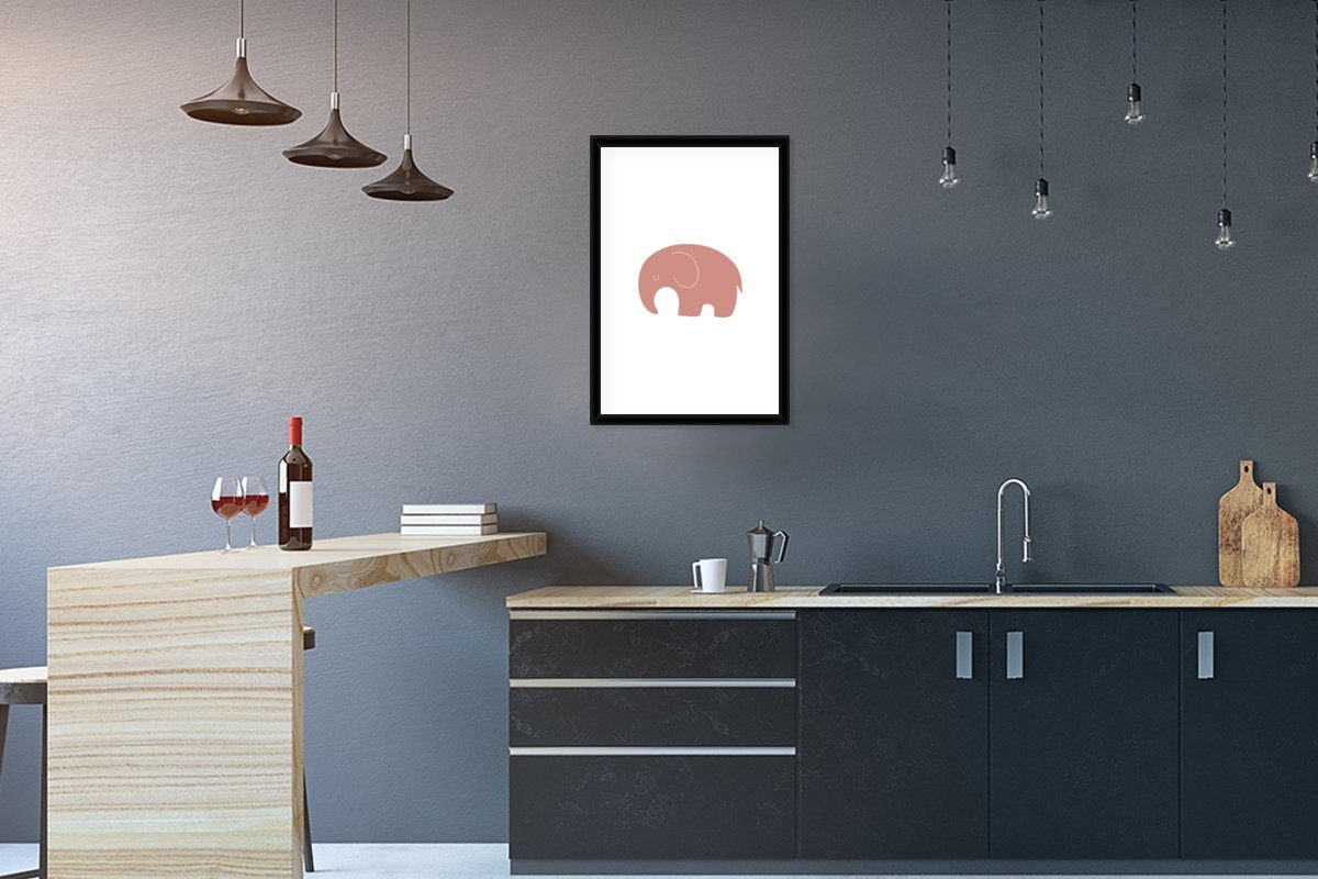 Elefant Poster Bilderrahmen Kunstdruck, (1 - Rosa - Schwarzem Gerahmtes Rahmen, Poster, Mädchen, St), MuchoWow - mit Tiere