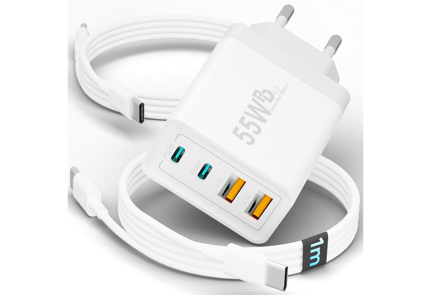 GreenHec Ladegerät USB-C iPhone mehrfach Charger Handy Stecker Adapter Netzteil Schnelllade-Gerät (0,00 mA, set, 55w Quatro Charger, iPhone 17 16 15 14 13 12 iPad, Schnell, 55w Multiport, Kabel, 2er Pack)
