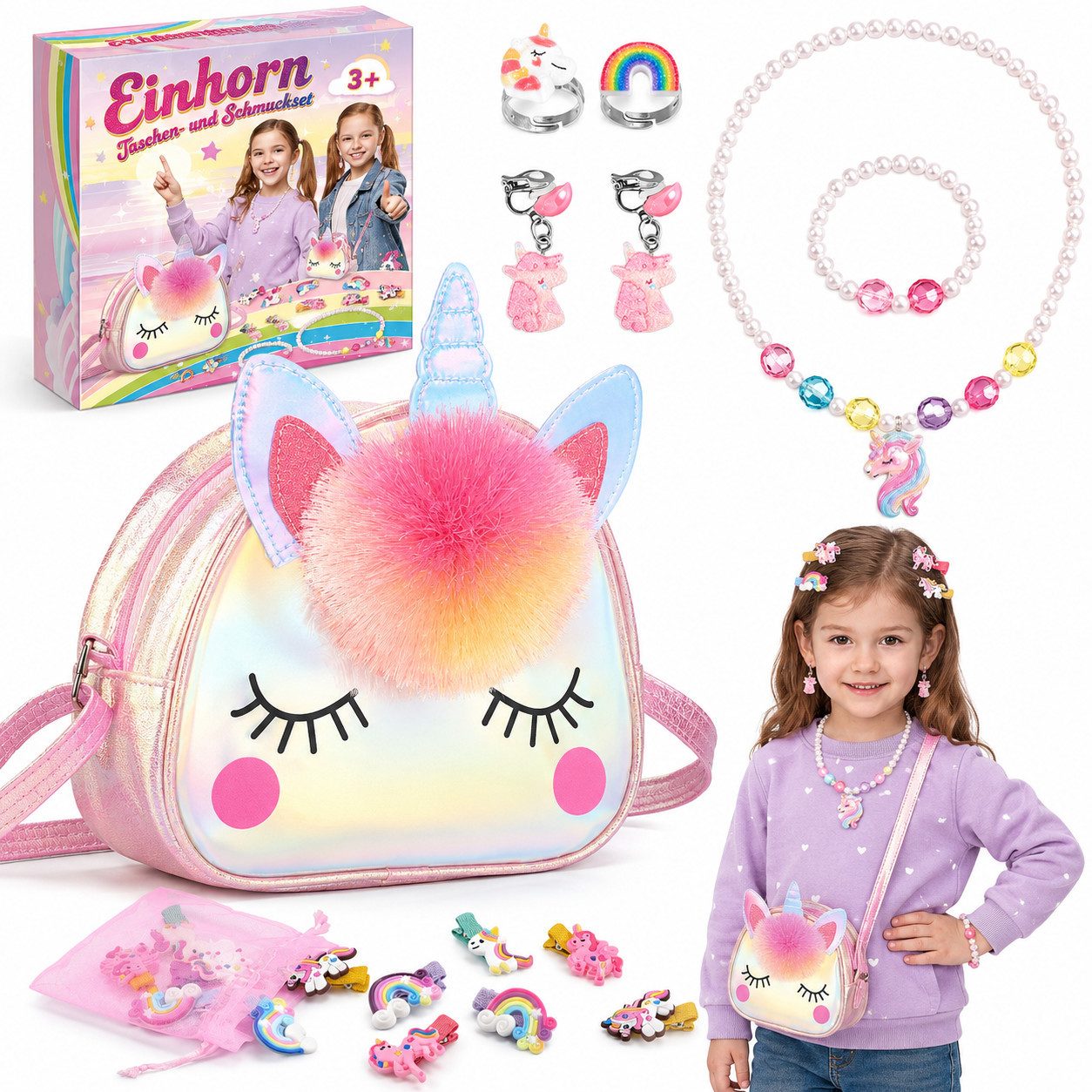 Wootoy Kreativset Einhorn Schmuckset mit Umhängetasche für Kinder Umfangreiches Set, (mit Halskette Armband Ringen Clip-Ohrringen und 10 Haarspangen, 16-tlg., mit dekorativem Pompon und farbenfrohen Einhorn-Details), Einhorn-Tasche als Schultertasche Umhängetasche oder Geldbörse nutzbar
