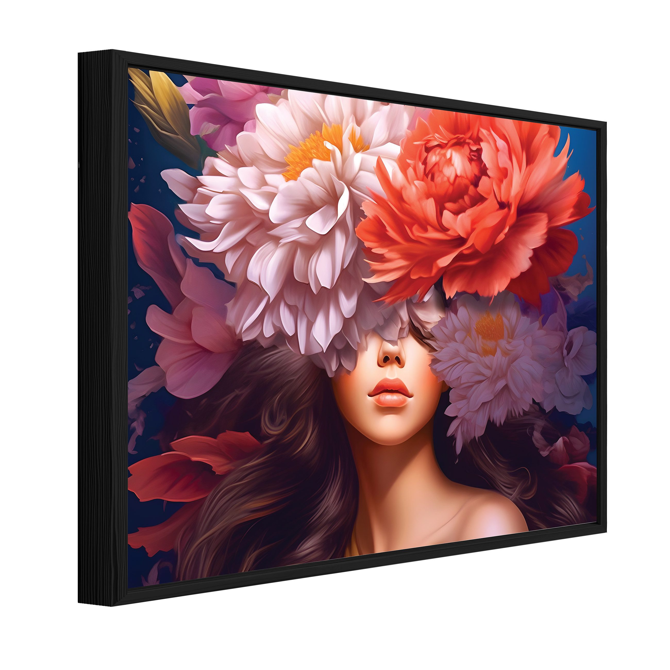 Wallarena Leinwandbild Frau Blumen Rot Kunst Modern Wandbilder Wand Deko XXL Bilder, Frau (groß Bilder Wohnzimmer Schlafzimmer Einteilig, 1 St), Bild mit Rahmen Wohnzimmer Schlafzimmer Küche Deko 40x30