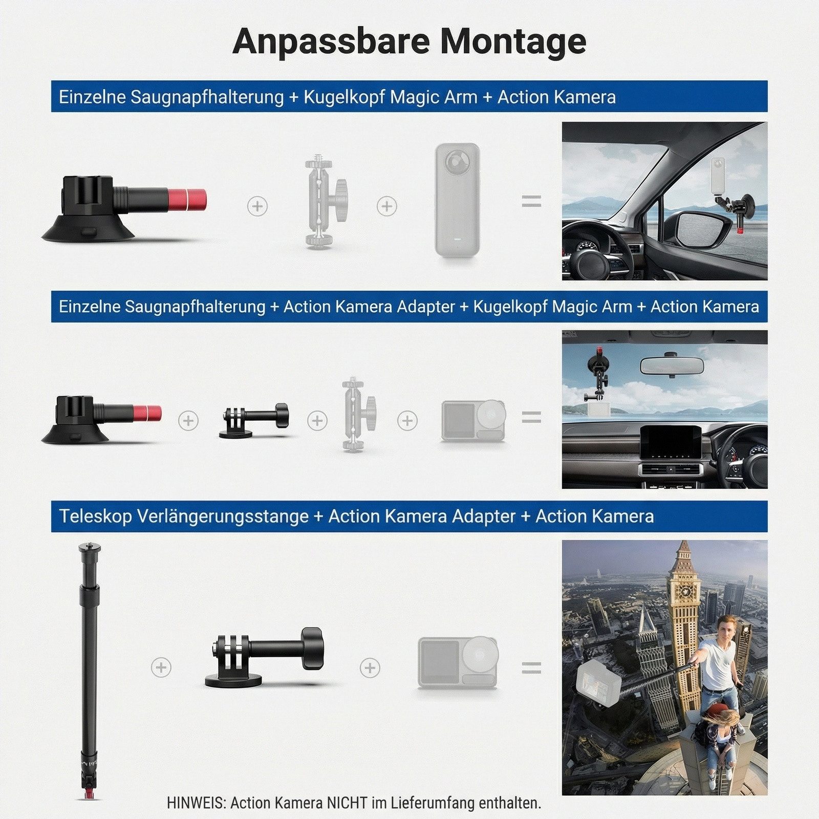Neewer Action Cam-Halterung CA166 Dreifach Saugnapf Halterung Auto Set, Zwei 60cm langen, (Packung, Verlängerungsstangen aus Aluminiumlegierung NATO Schiene, max Last 1kg)