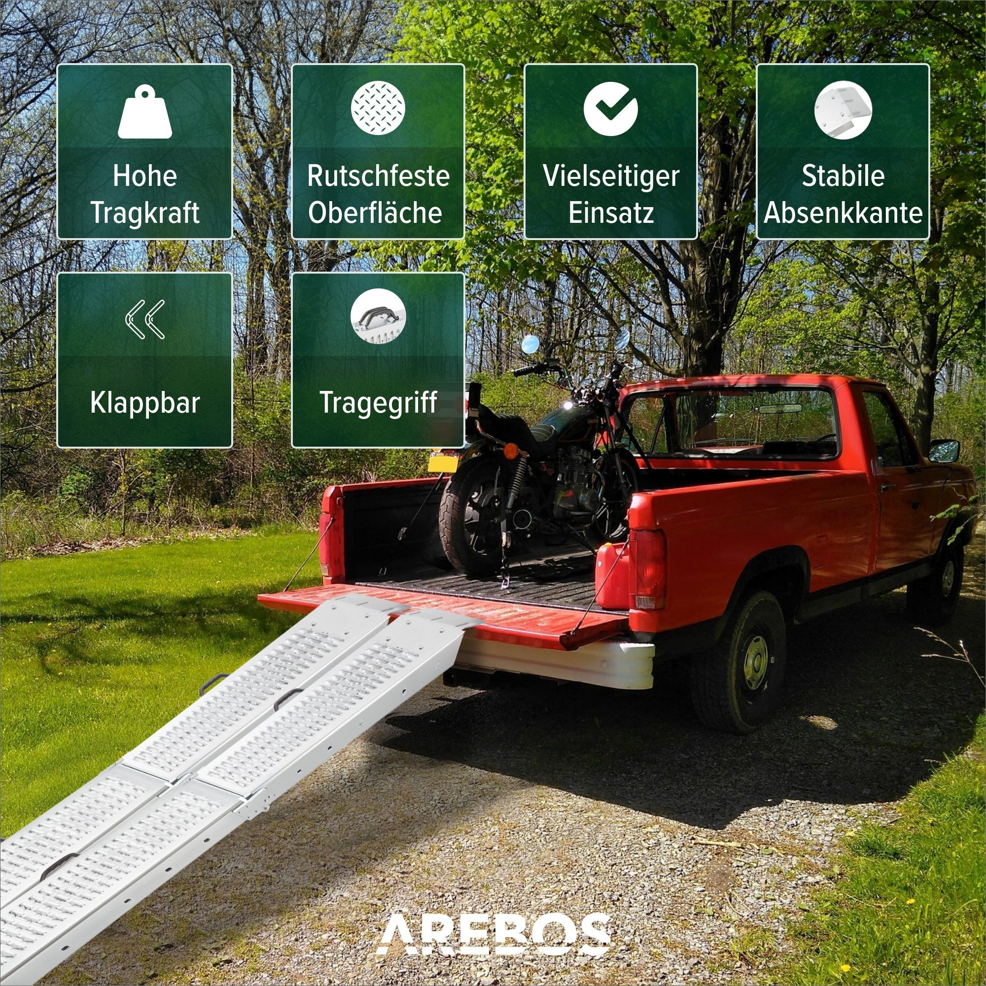 Arebos Auffahrrampe 2 x, Auffahrschienen, Klappbar (Faltbare Stahlrampe 180 cm), 400 kg pro Paar, 180 x 22,5 x 4,5 cm