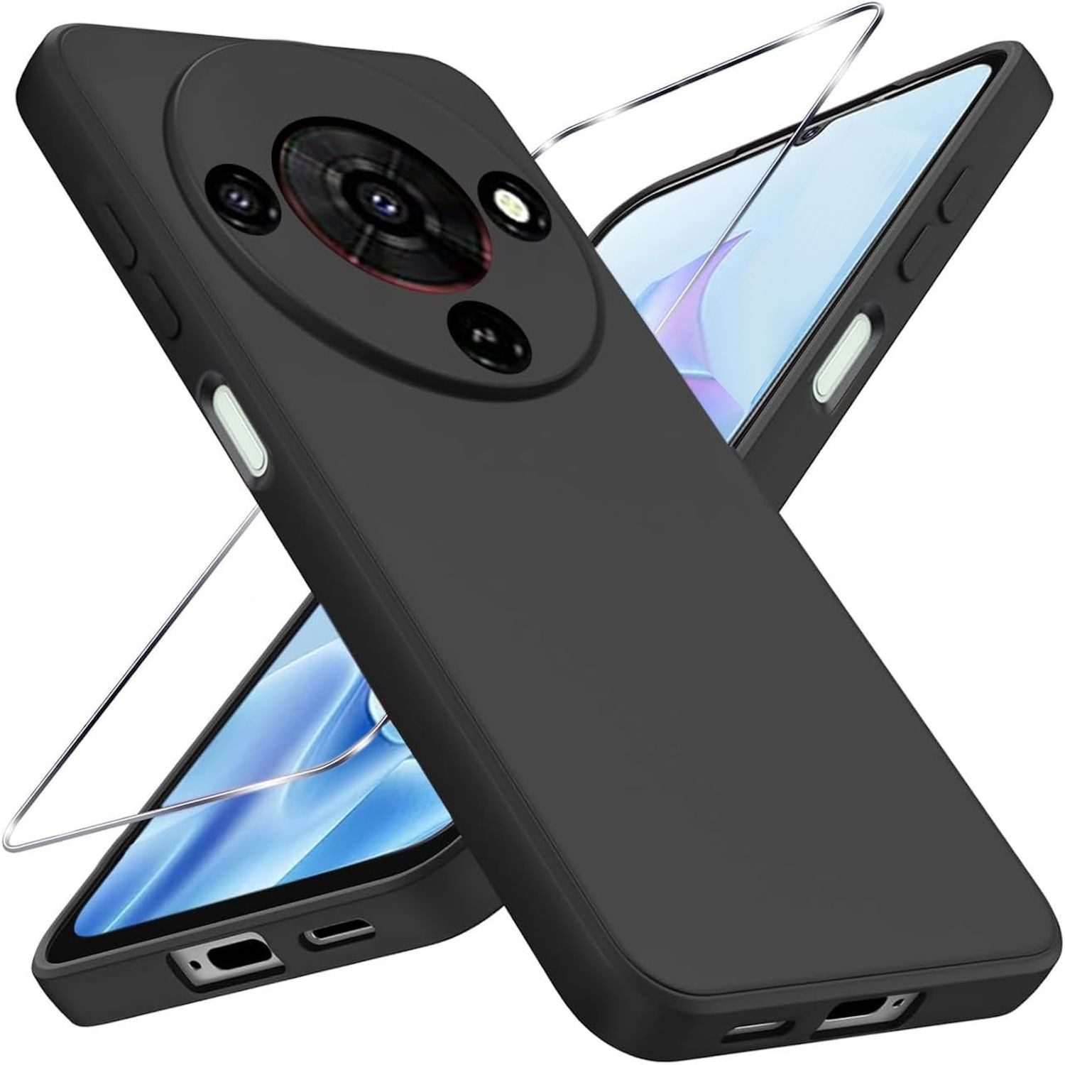 Wigento Handyhülle Für ZTE Blade A76 5G Silikon TPU Schutz Hülle Schwarz + 9H Hart Glas, Produktset TPU Hülle mit Hart Glas