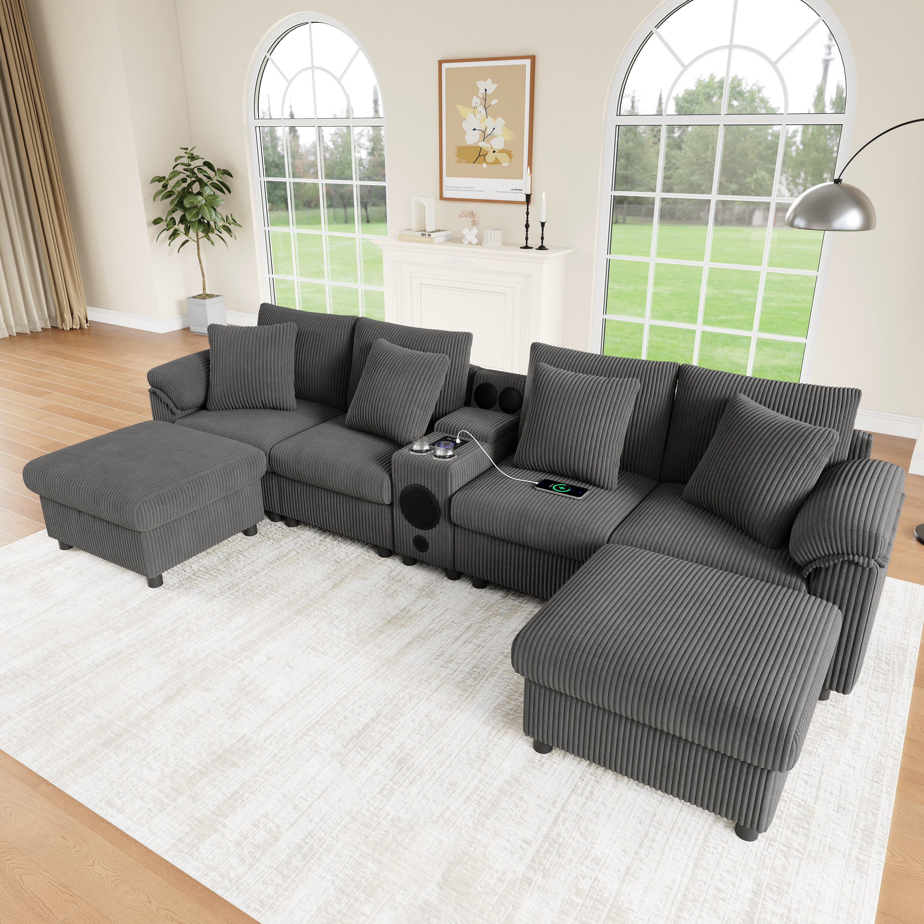 OKWISH Wohnlandschaft 315,5x84,5x144 cm U/L‑förmiges Cord‑Sofa mit Bluetooth & Konsole, Inklusive Kissen, Farbe Grau 1 Teile, Stauraum, Wireless Charging, USB & Getränkehalter