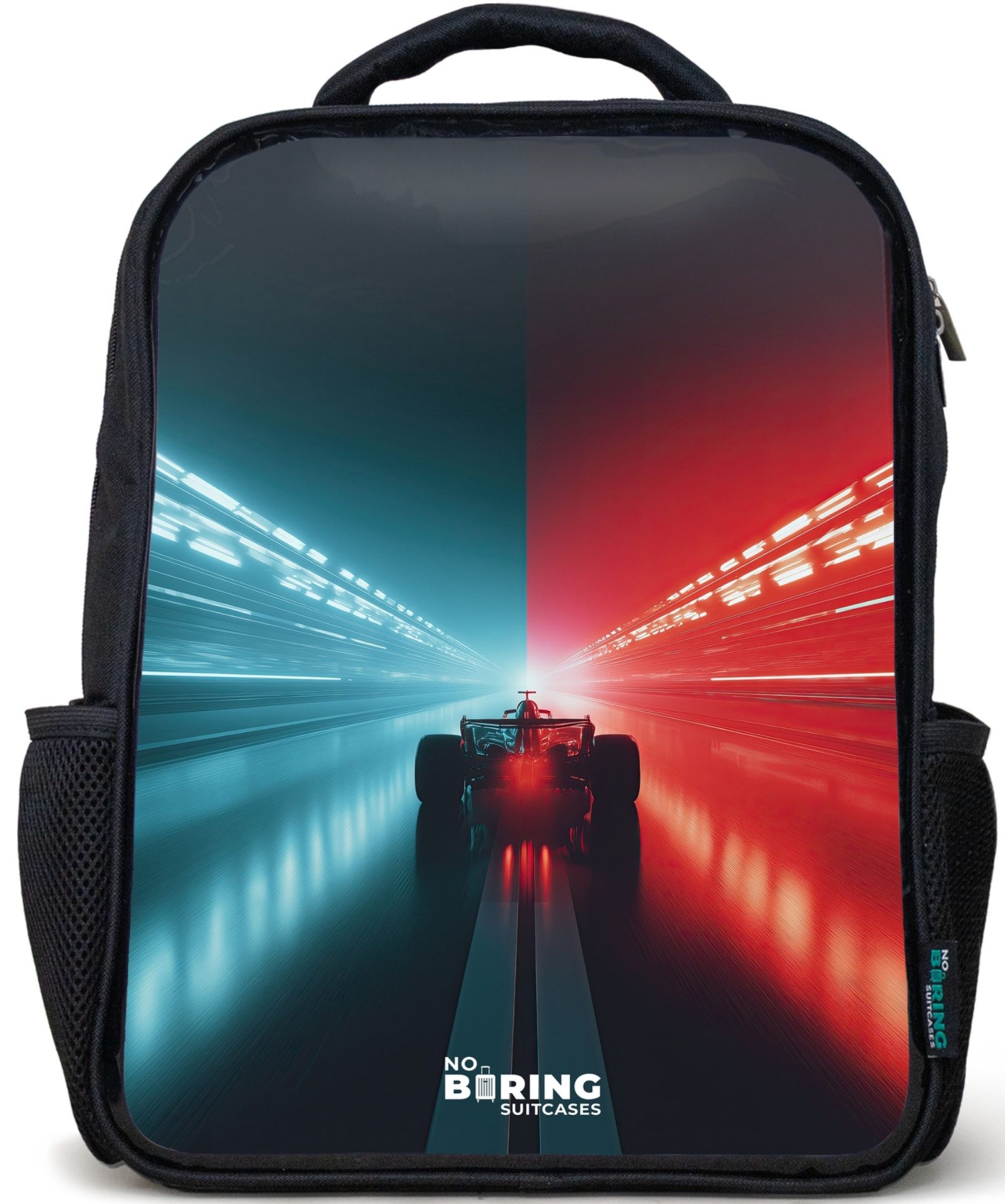 NoBoringSuitcases.com© Rucksack Schwarz - Rennstrecke - Rennwagen - Neon - Rot, Kinderrucksack Schwarz, Schulrucksack, Freizeitrucksack Jungen Mädchen