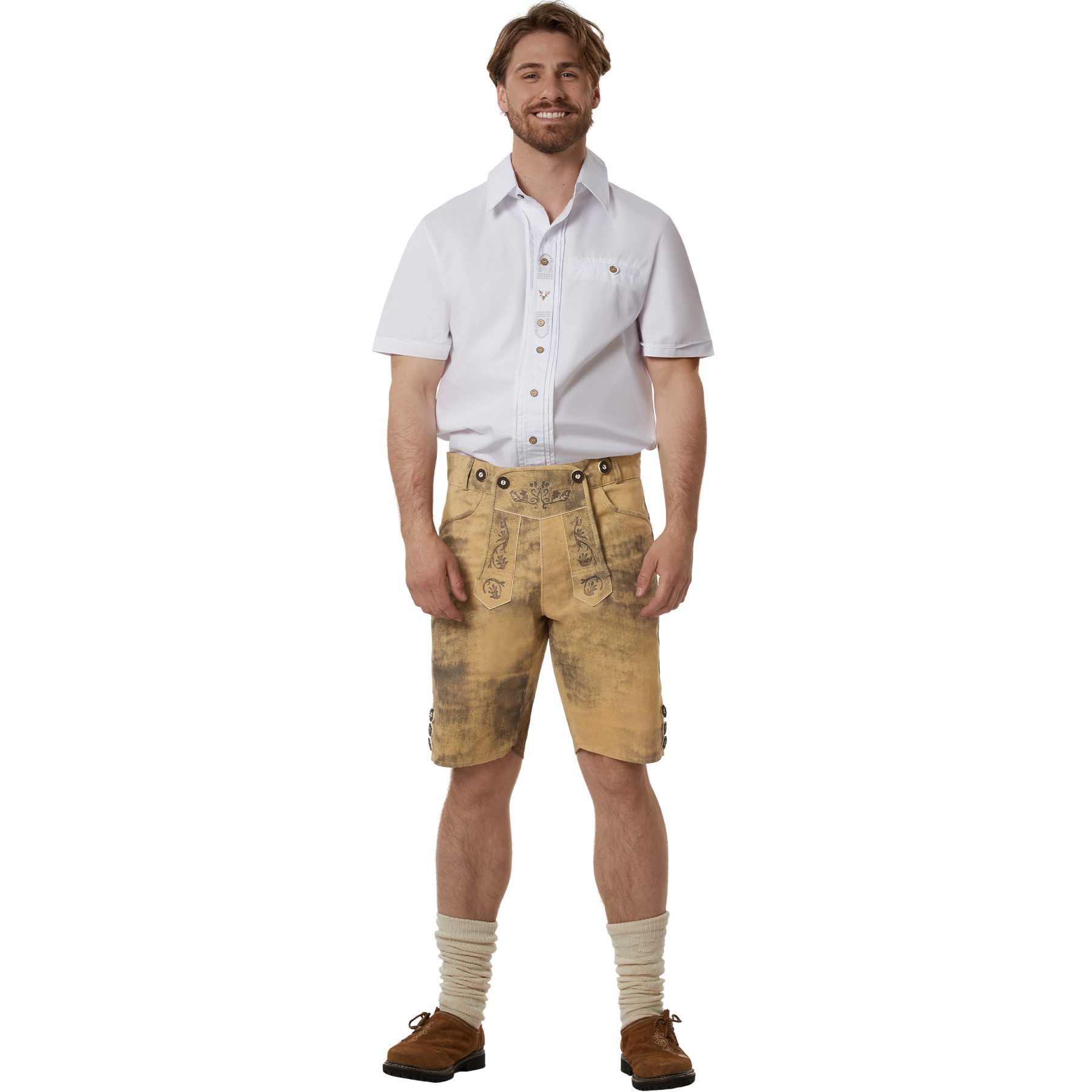 dressforfun Trachtenhose Kunst Oktoberfest-Hose aus robustem Kunstleder mit Stickereien (Herrenhose Luis, für Volksfeste in antikem Braun) pflegeleicht, bequem, langlebig, Inkl. verstellbarer Hosenträger