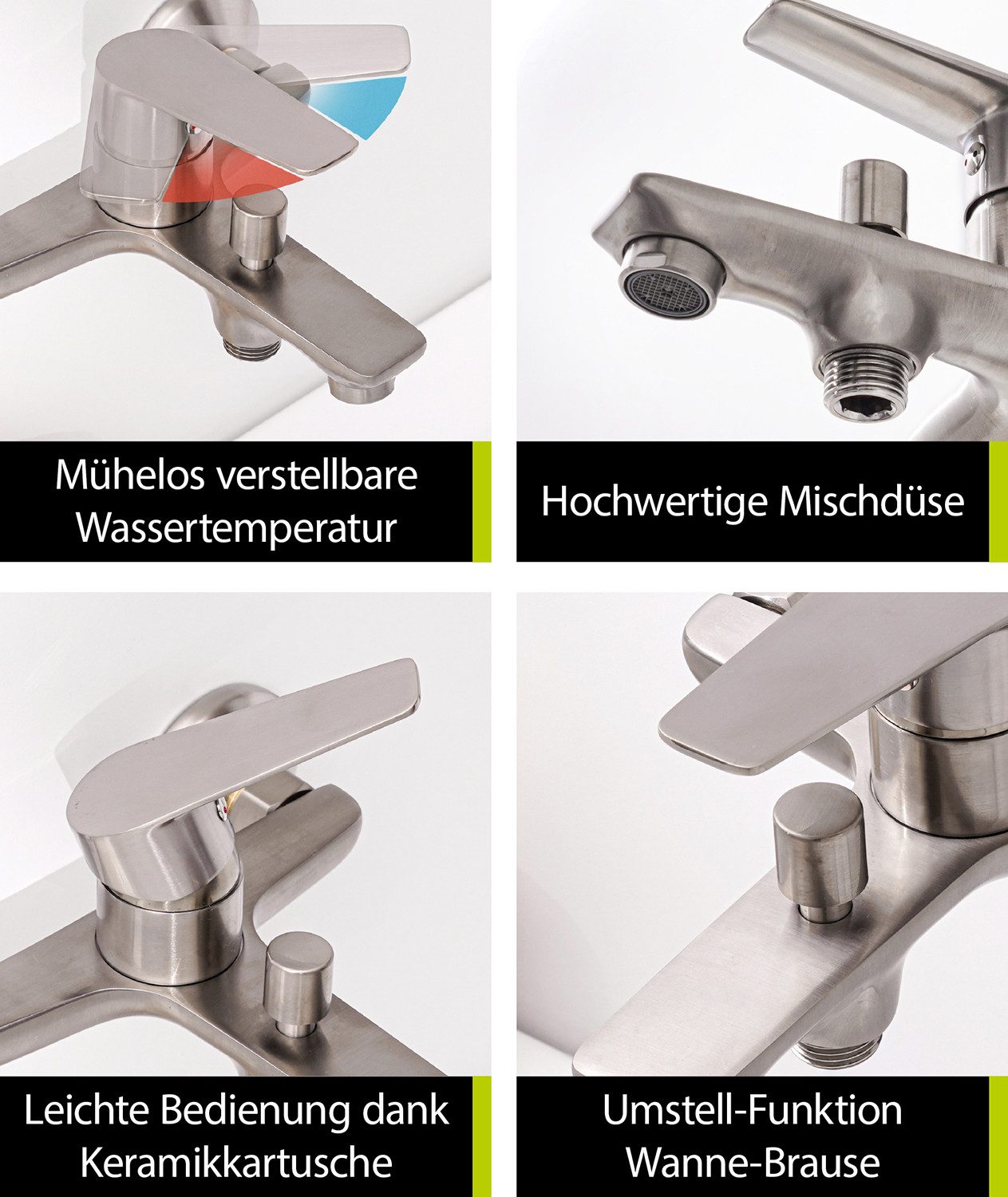 aquaSu Wannenarmatur Rios Edelstahl, Umsteller, S-Anschlüsse, Keramikkartusche