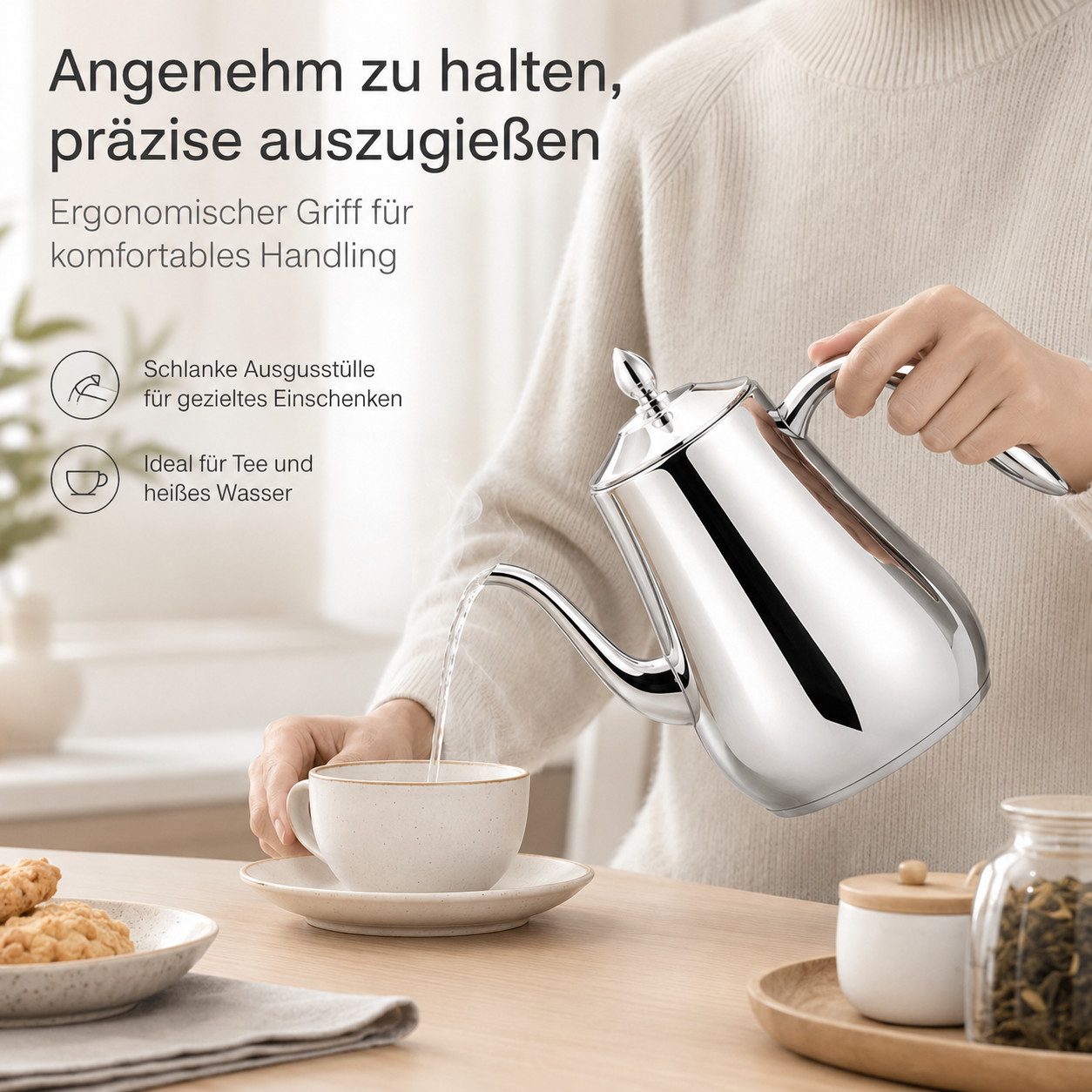 Tekoo Teekanne Edelstahl Wasserkessel 1,55 L, Schwanenhals-Auslauf, mit Filter, Schwanenhals, Inkl. Feinfilter, Induktionsgeeignet, Dampfaustritt – Bild 4 von 5