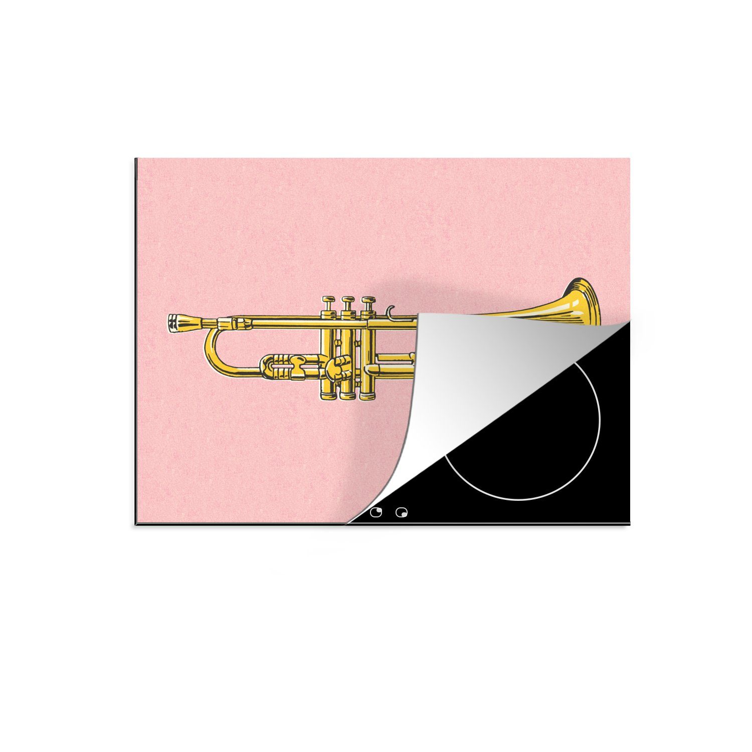 60x52 tlg), nutzbar, Trompete Herdblende-/Abdeckplatte einem Illustration Mobile MuchoWow Hintergrund, Vinyl, Arbeitsfläche cm, auf rosa (1 einer Ceranfeldabdeckung
