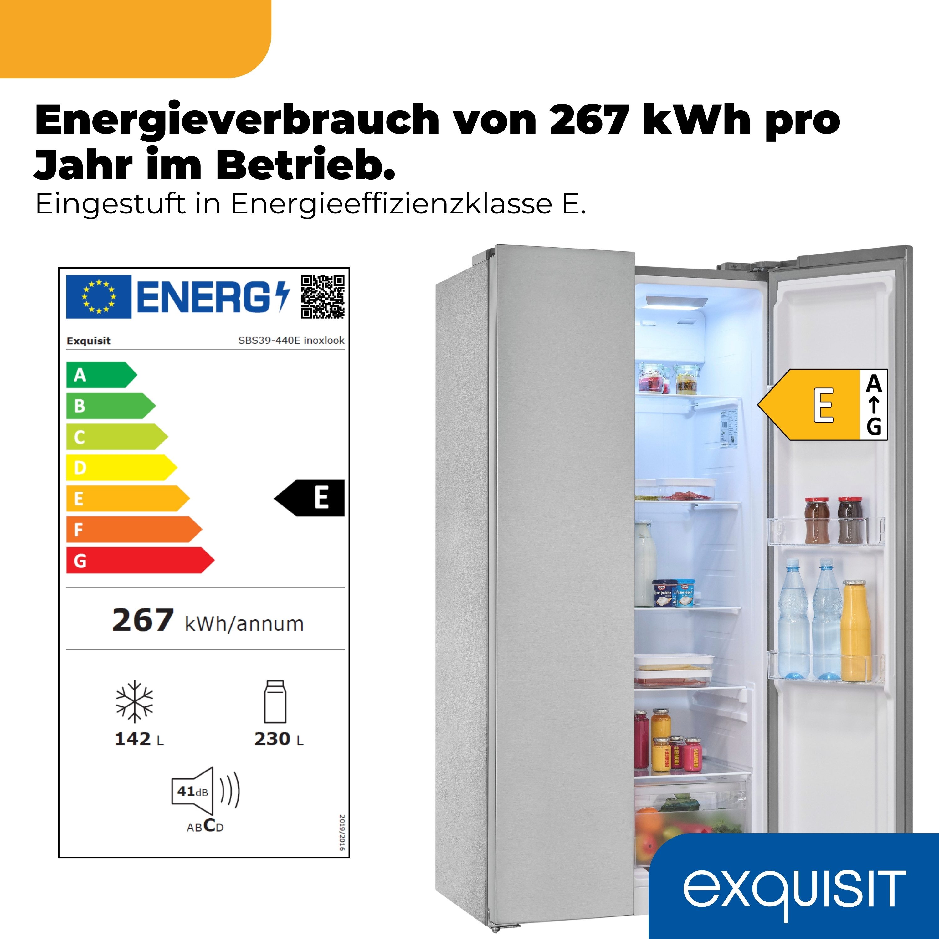 exquisit Side-by-Side SBS39-440E, 170 cm hoch, 78 cm breit, LED-Beleuchtung, Schnellgefrierfunktion, No-Frost